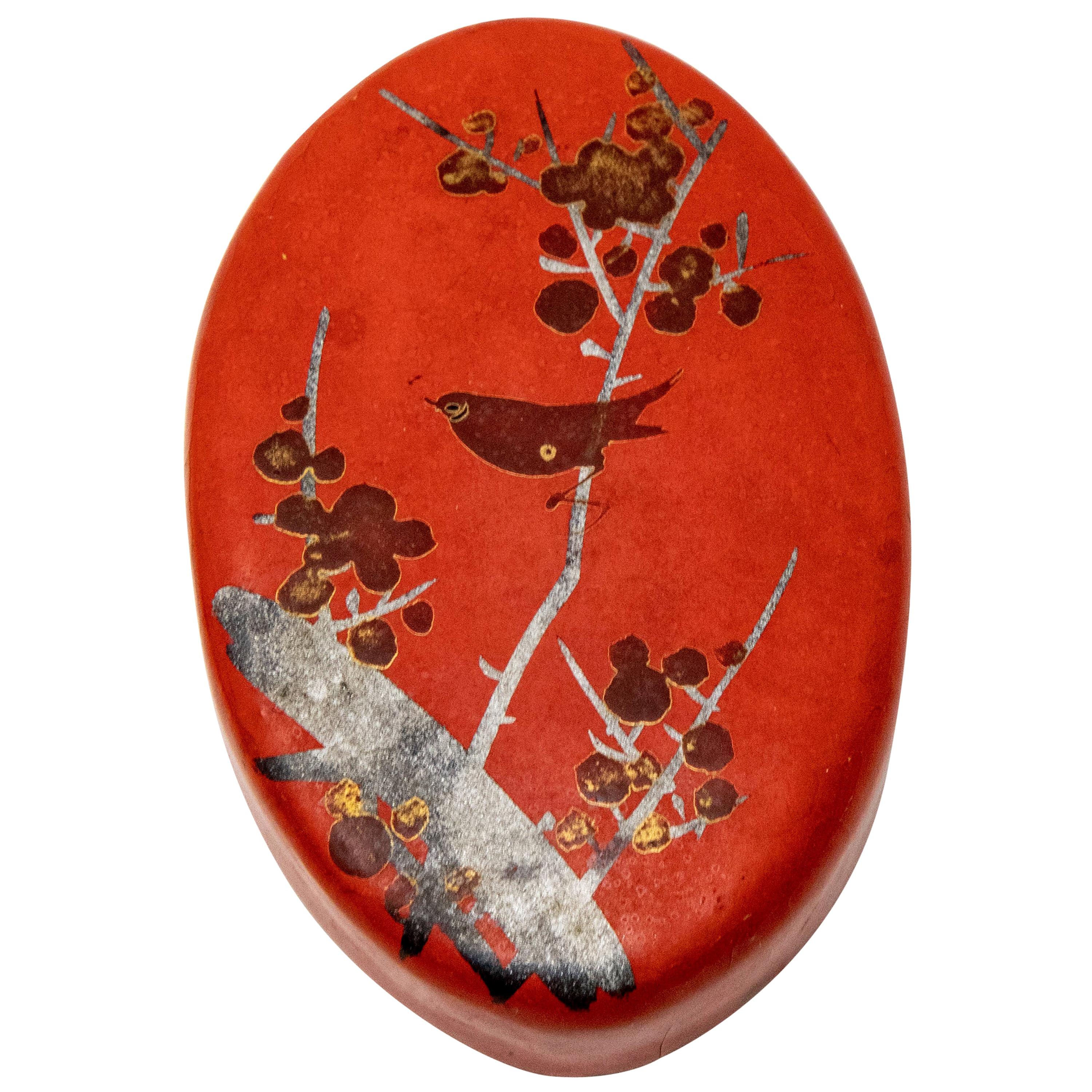 Paper Mâché Red Pillbox with Bird Motif For Sale