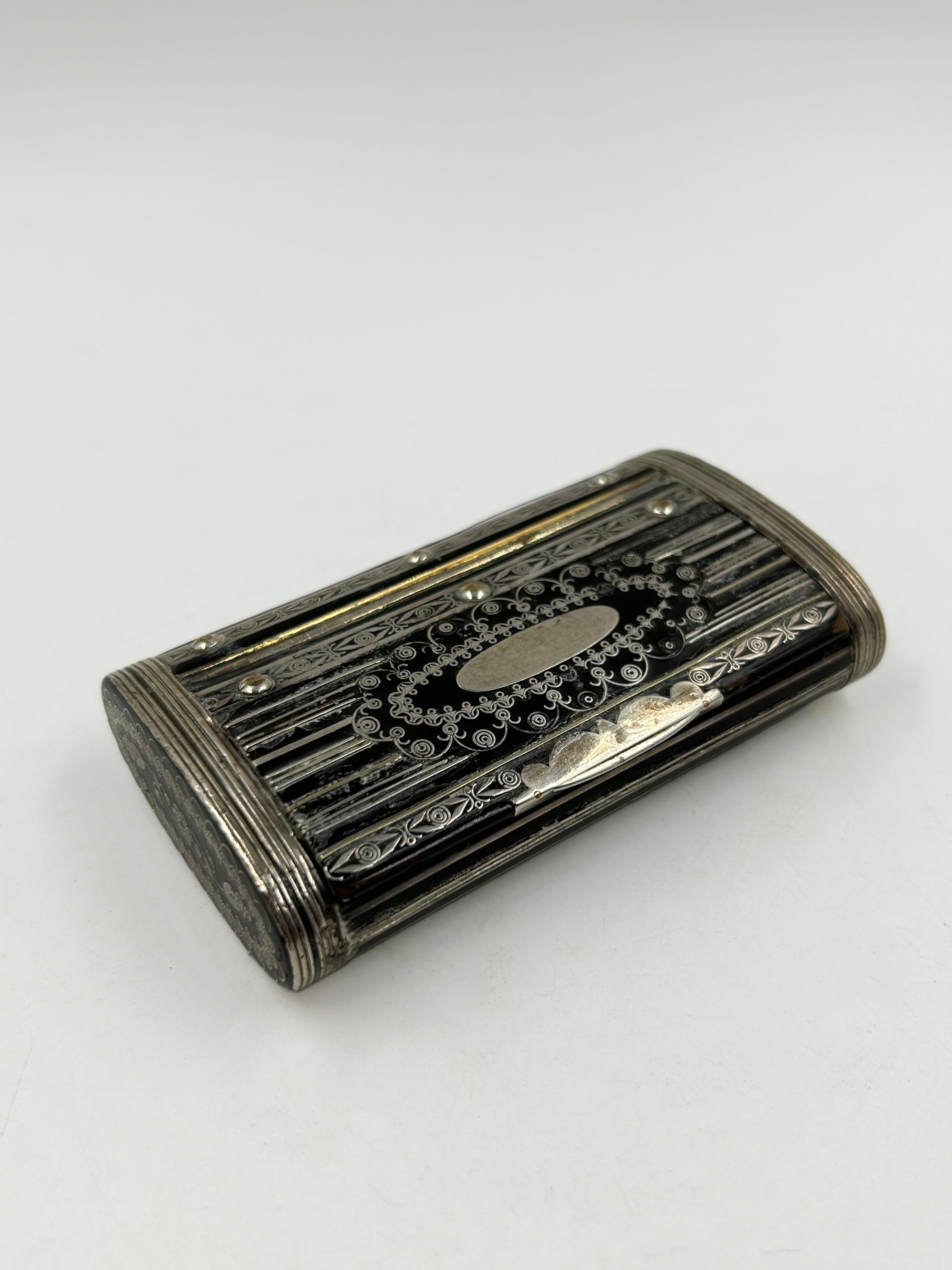 Papier-mâché Snuff Box with Silver Piqué, 19th Century
This rectangular, oblong snuff box is constructed of papier-mâché with a black lacquer finish. It features a complete silver piqué decoration, consisting of fine inlays covering the surface. The