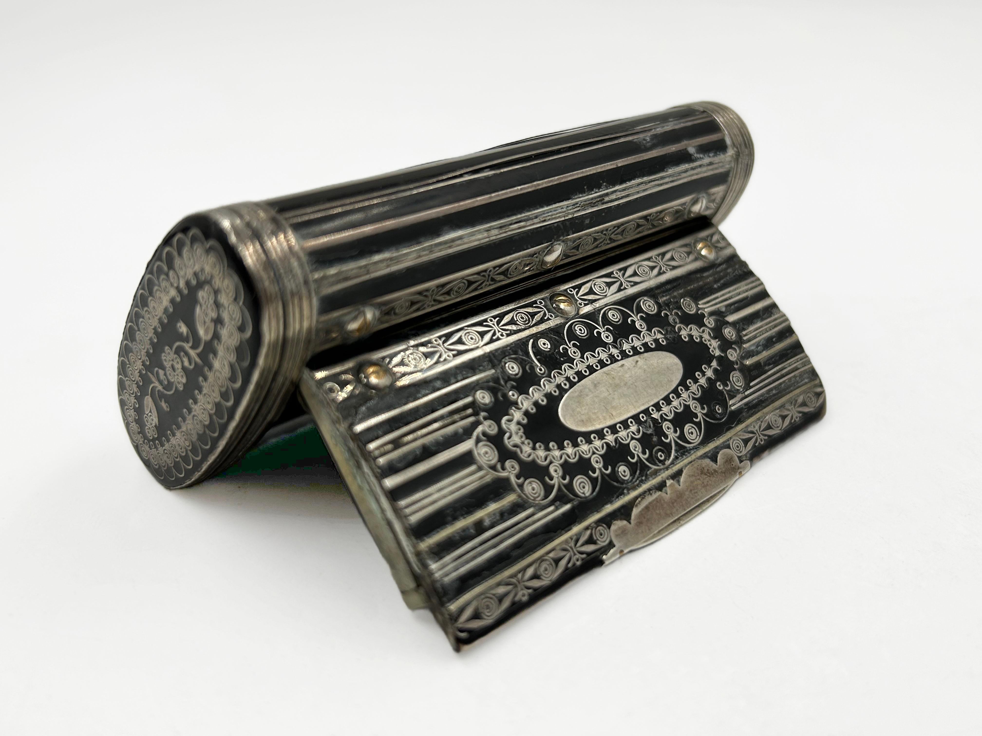 Paper Mache Snuff Box with Silver Piqué, 19th Century In Good Condition For Sale In Autonomous City Buenos Aires, CABA