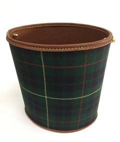 Paper Waste Basket, Leather Stitched with Scottish Pattern Fabric, 1960s