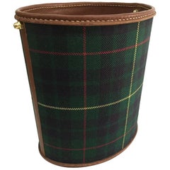 Paper Waste Basket, Leather Stitched with Scottish Pattern Fabric, 1960s