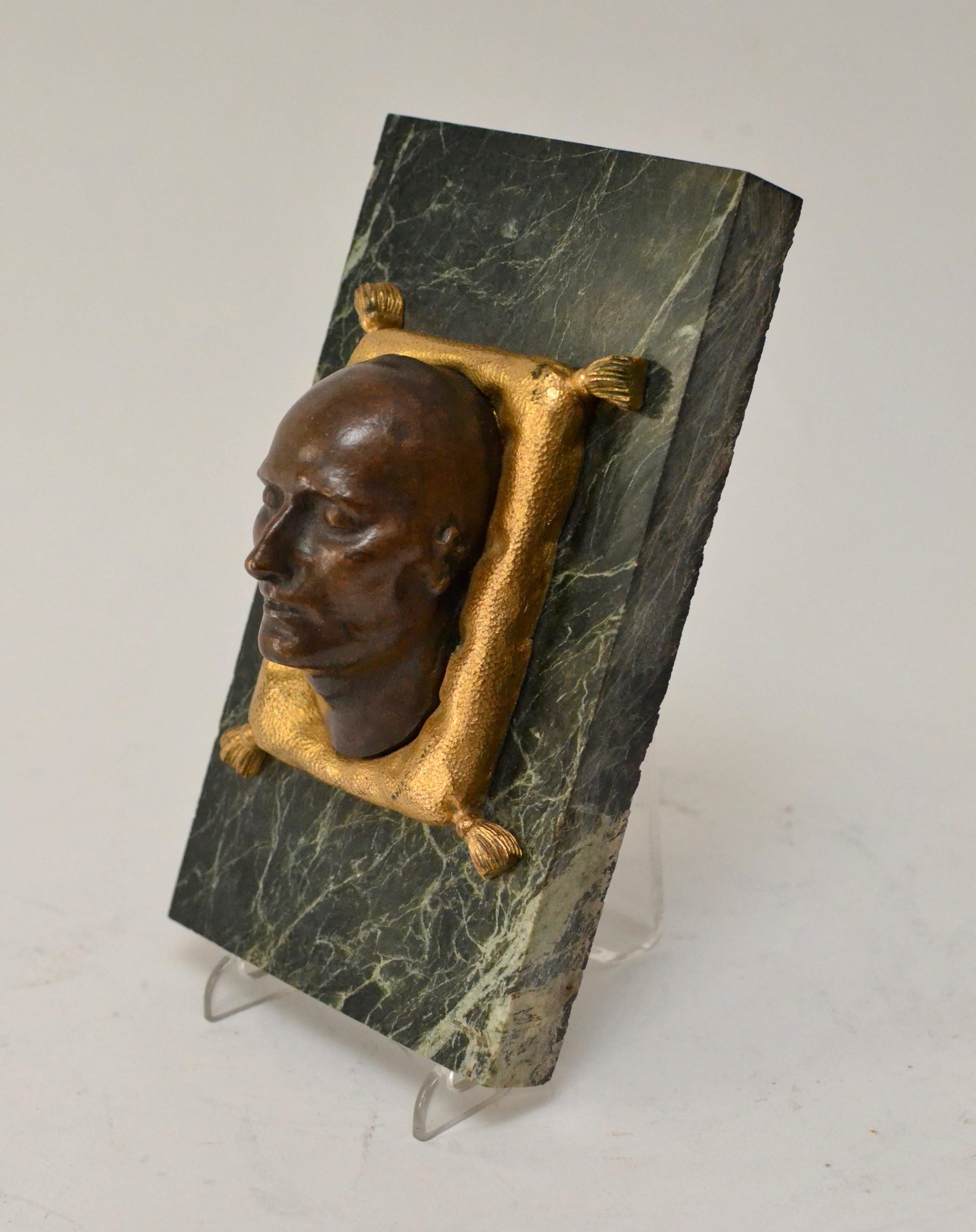 Empire Paper Weight with a Patinated Bronze of Napoleons Death Mask on a Green Marble