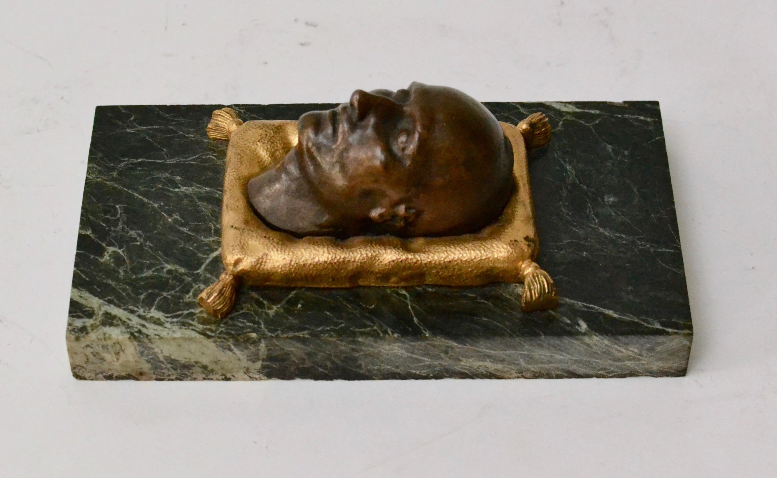 French Paper Weight with a Patinated Bronze of Napoleons Death Mask on a Green Marble