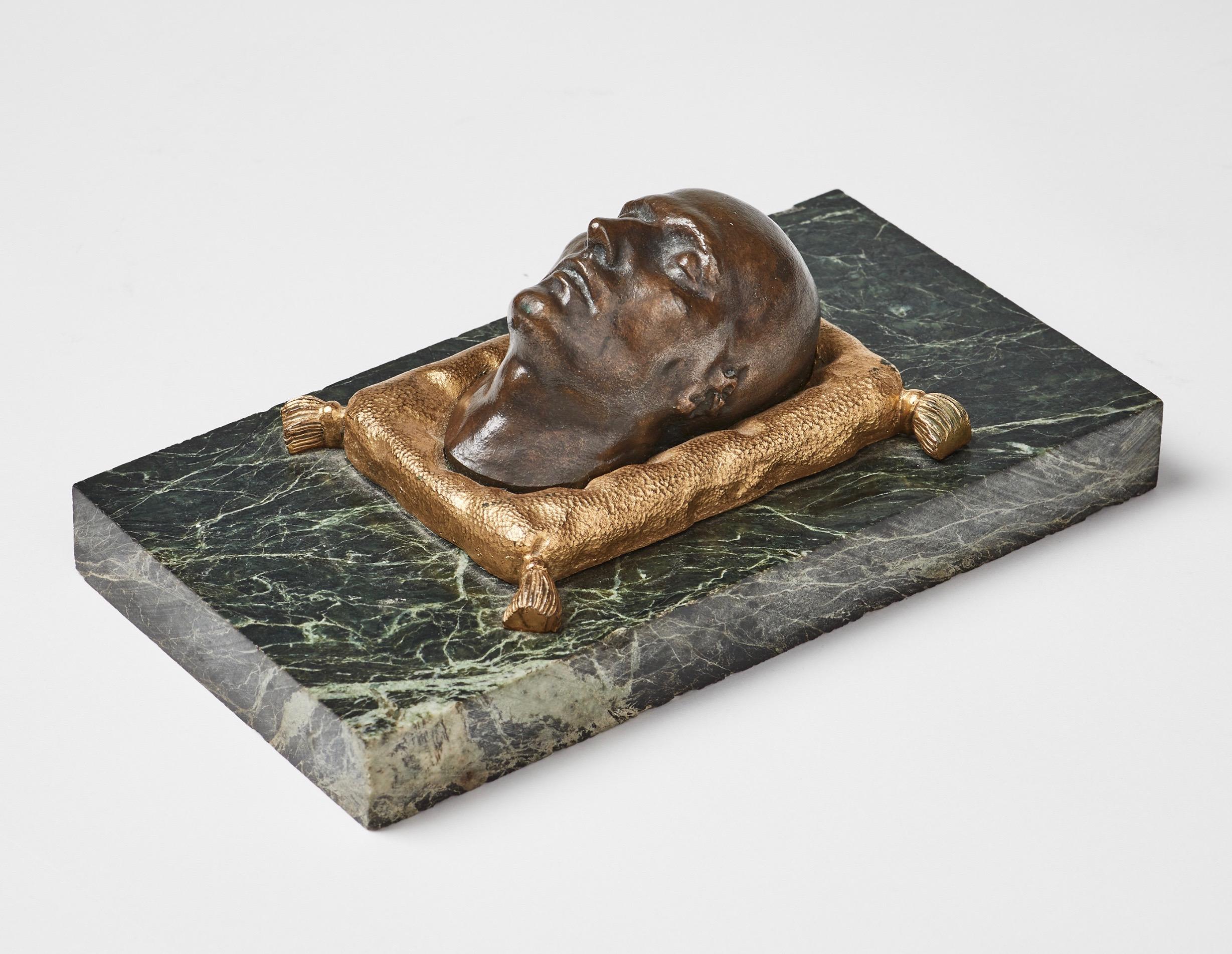 19th Century Paper Weight with a Patinated Bronze of Napoleons Death Mask on a Green Marble