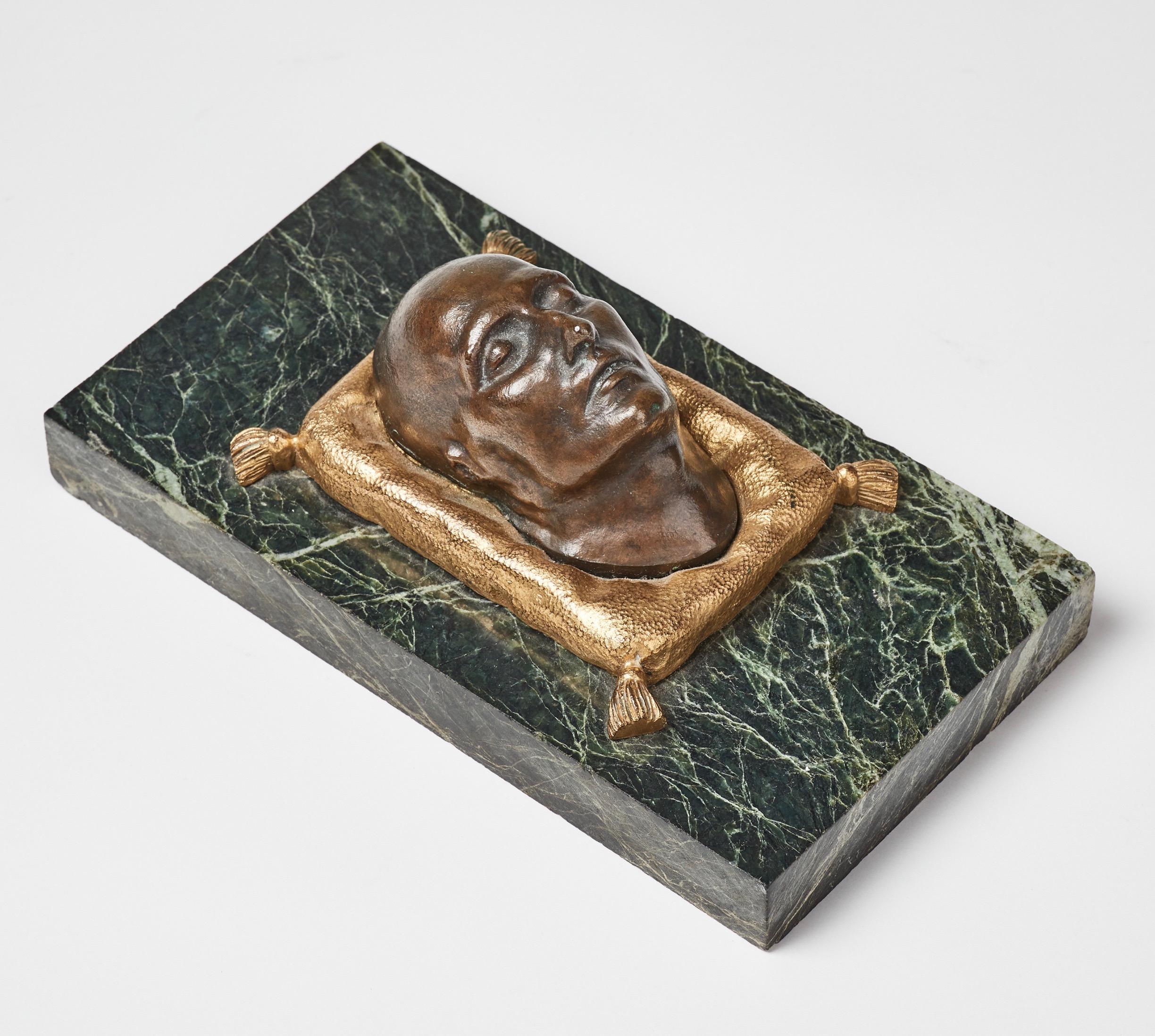 Paper Weight with a Patinated Bronze of Napoleons Death Mask on a Green Marble 1