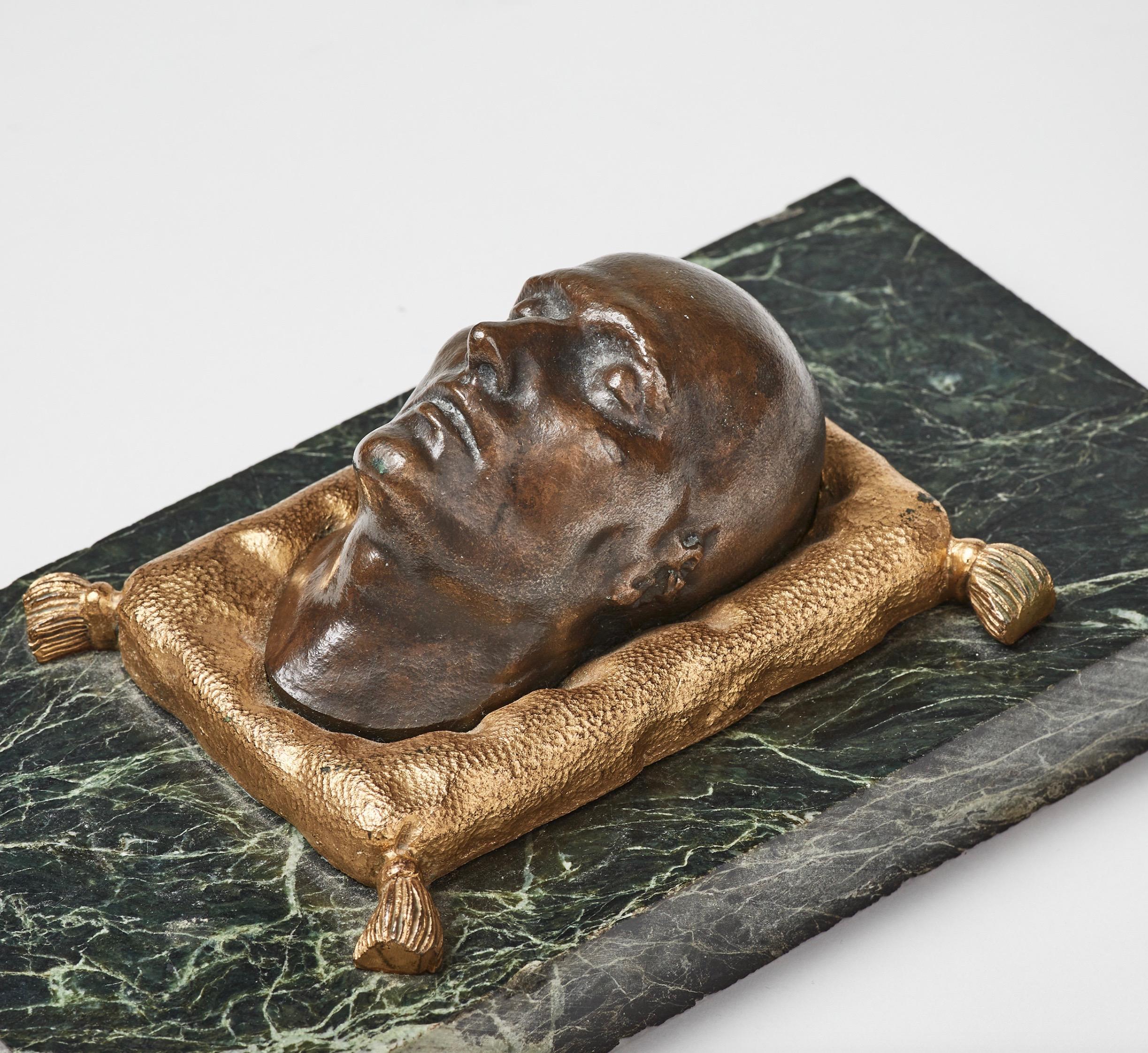 Paper Weight with a Patinated Bronze of Napoleons Death Mask on a Green Marble 2