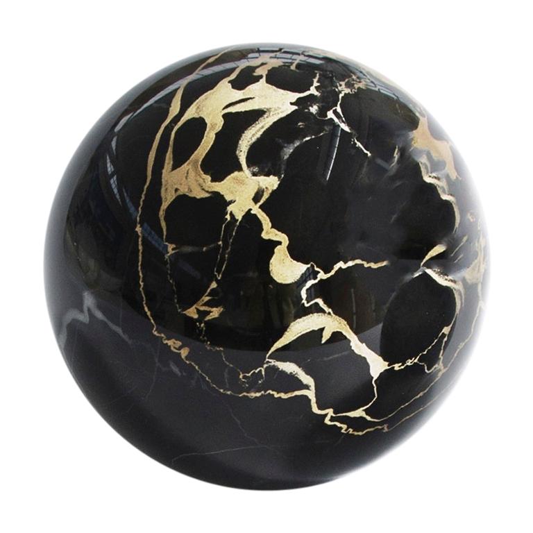 Handmade Big Paperweight with Sphere Shape in Portoro Marble For Sale