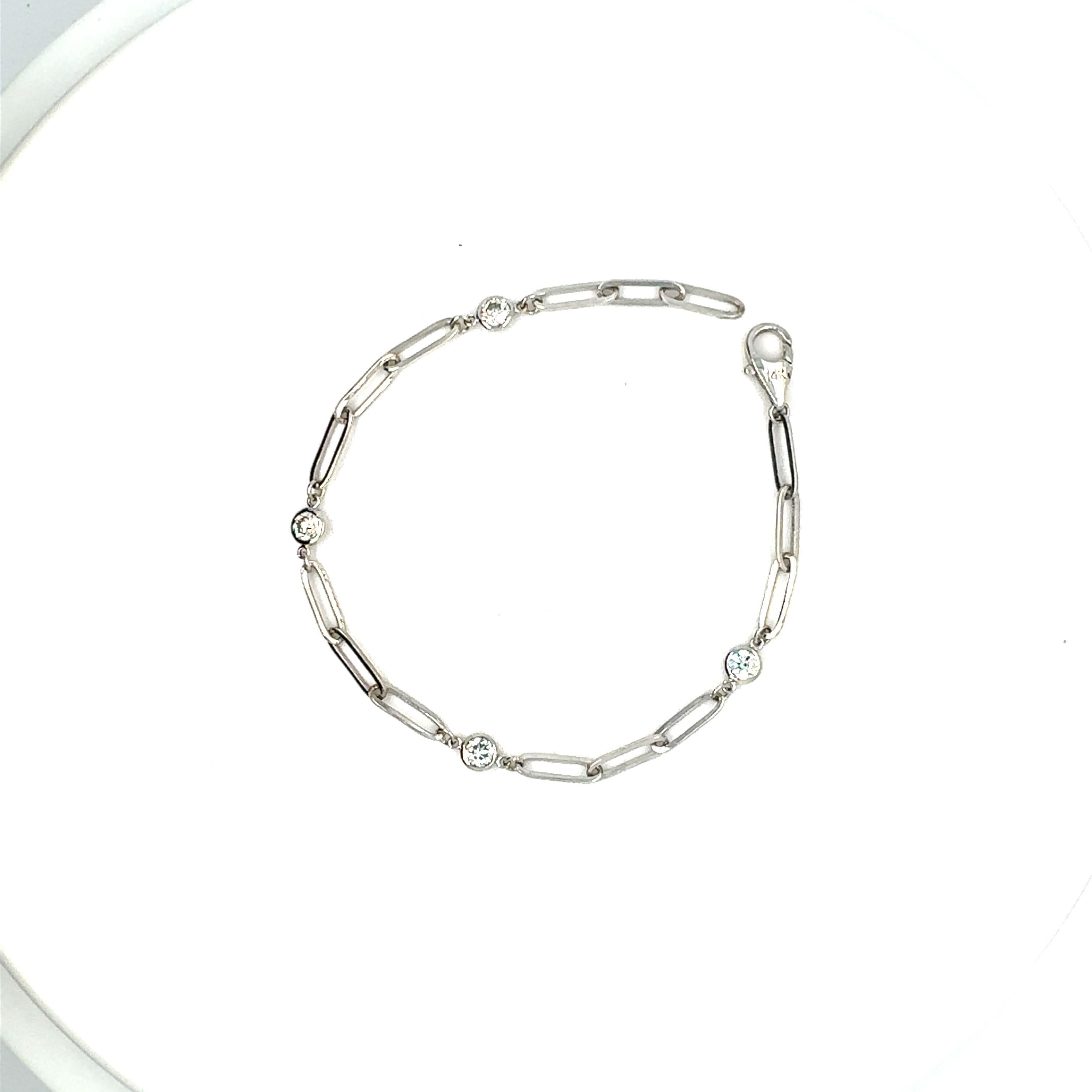 Paperclip 0.62 Carat Diamond Bracelet in 14K White Gold

Item Specs: 4 Round Cut Natural Diamonds weighing 0.62 carats (clarity: VS2-SI1, color: F)

Discover the perfect blend of elegance and modernity with our 0.62 Carat Paperclip Diamond Bracelet,