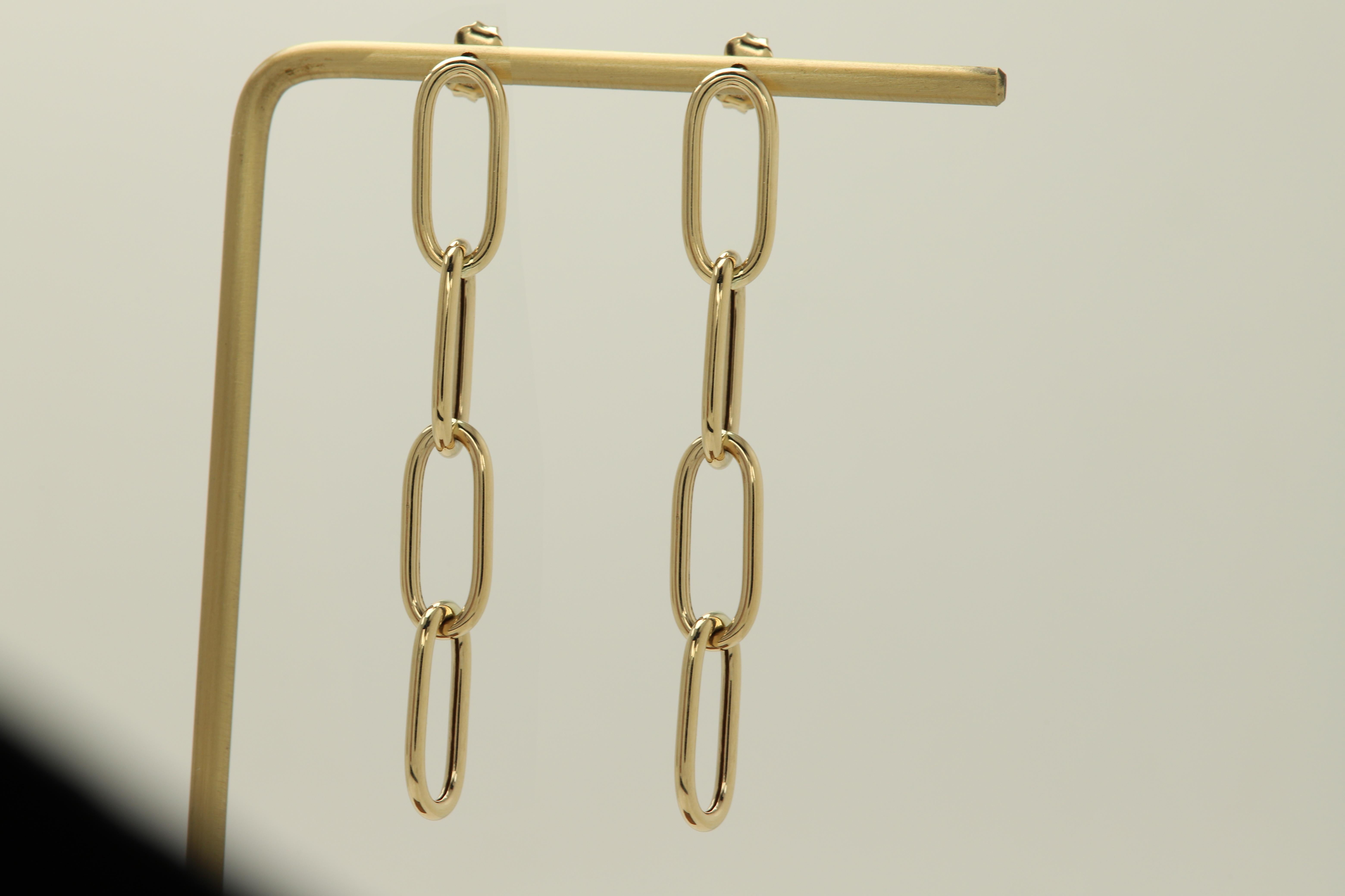 Paperclip 14 Karat Gold Earrings Made in Italy Paper Clip Dangle Earrings For Sale 2