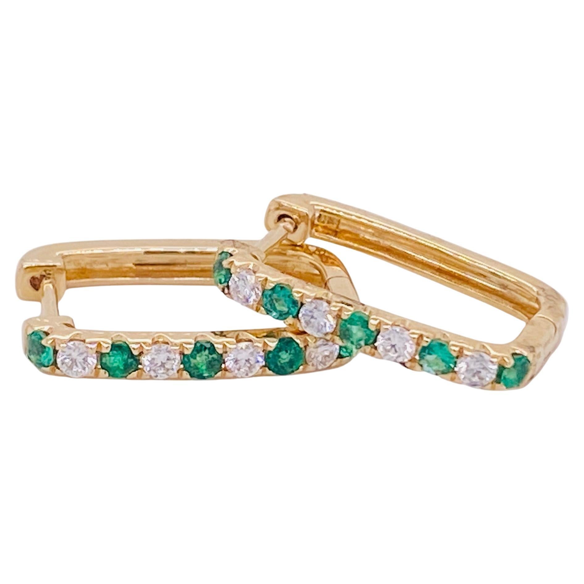 Paperclip Alternating Emerald
Diamond Hinged Hoops 14K Yellow Gold Huggies