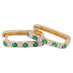 Paperclip Alternating Emerald & Diamond Hinged Hoops 14K Yellow Gold Huggies
