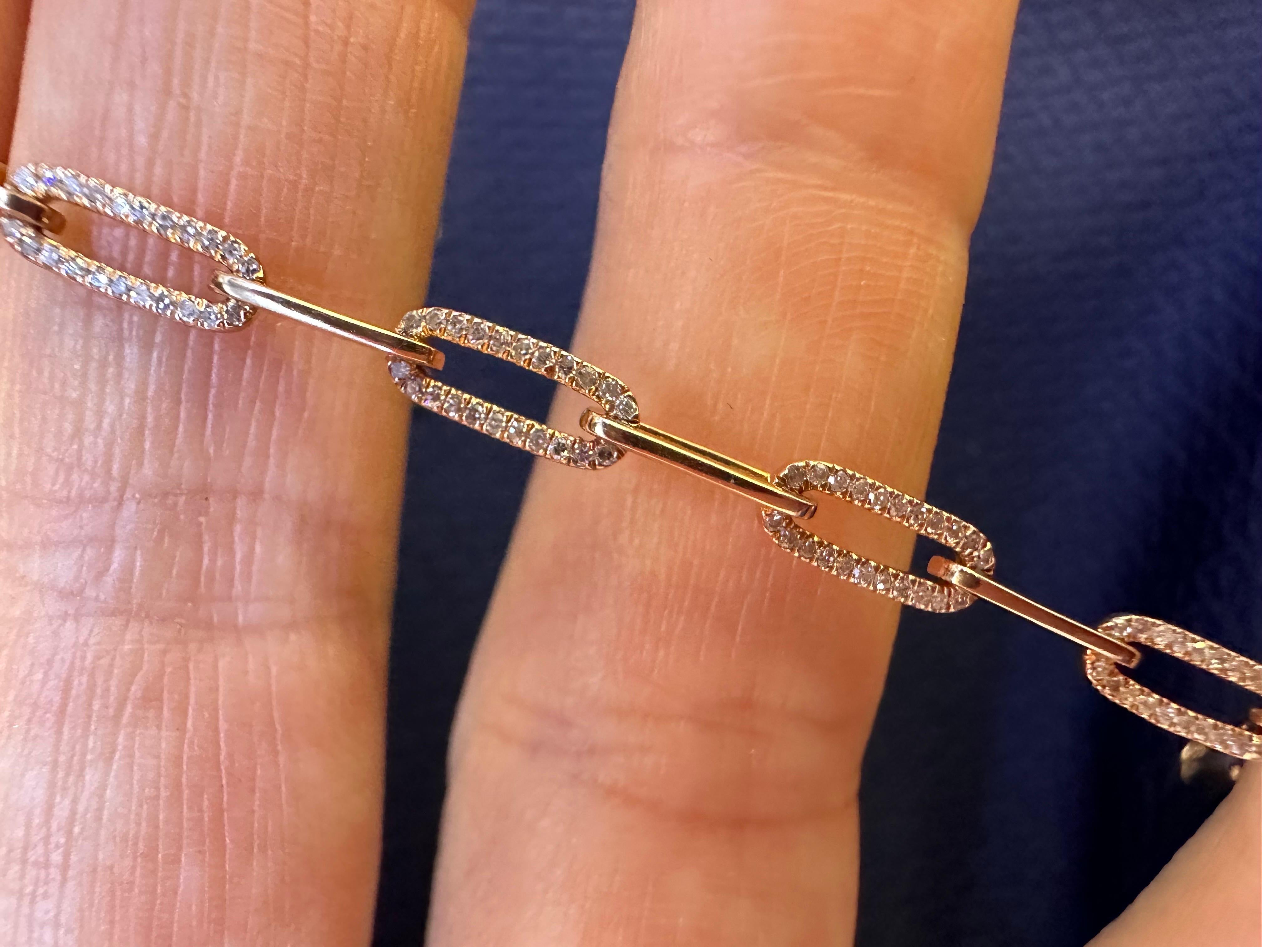 Bracelet Paperclip en or rose 14 carats avec diamants en vente 1