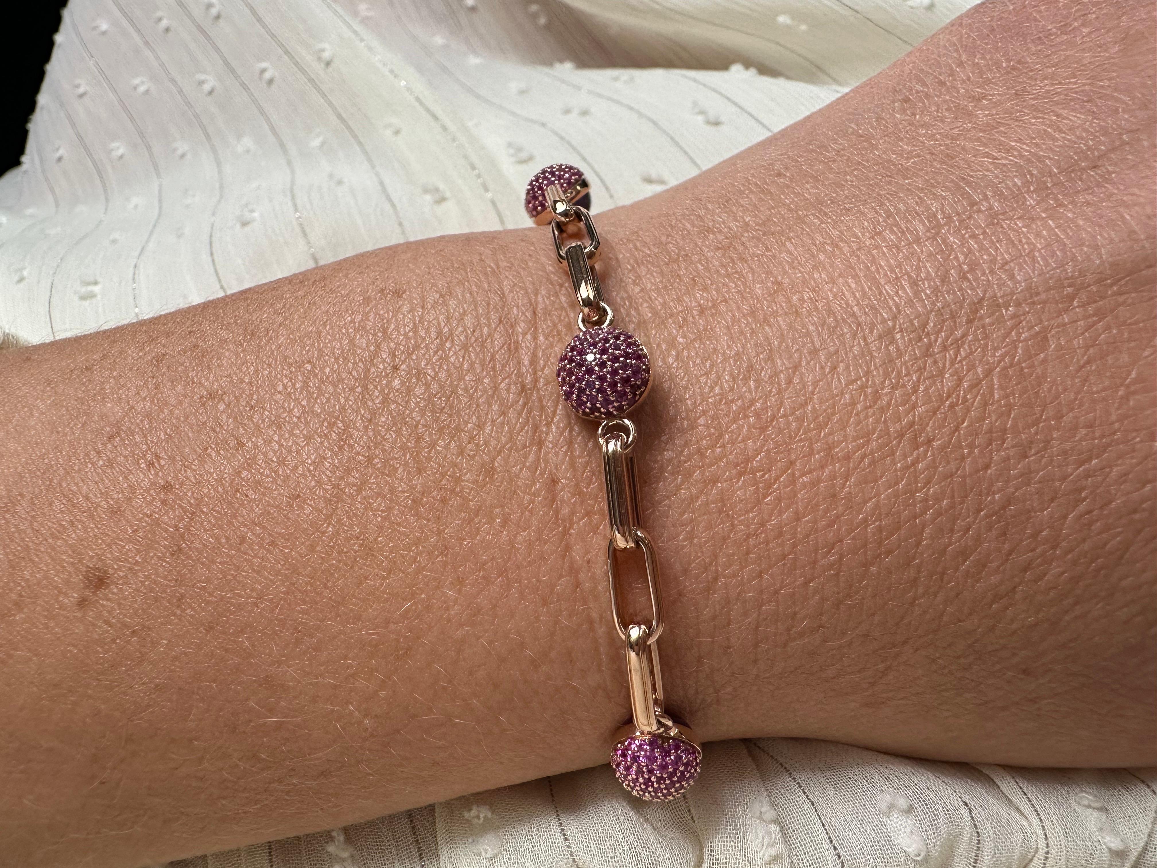 Women's or Men's Paperclip bracelet 18KT gold pink sapphire & amethyst bracelet unique For Sale