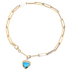 Paperclip Bracelet with Blue Stone Mini Heart Gold Charm