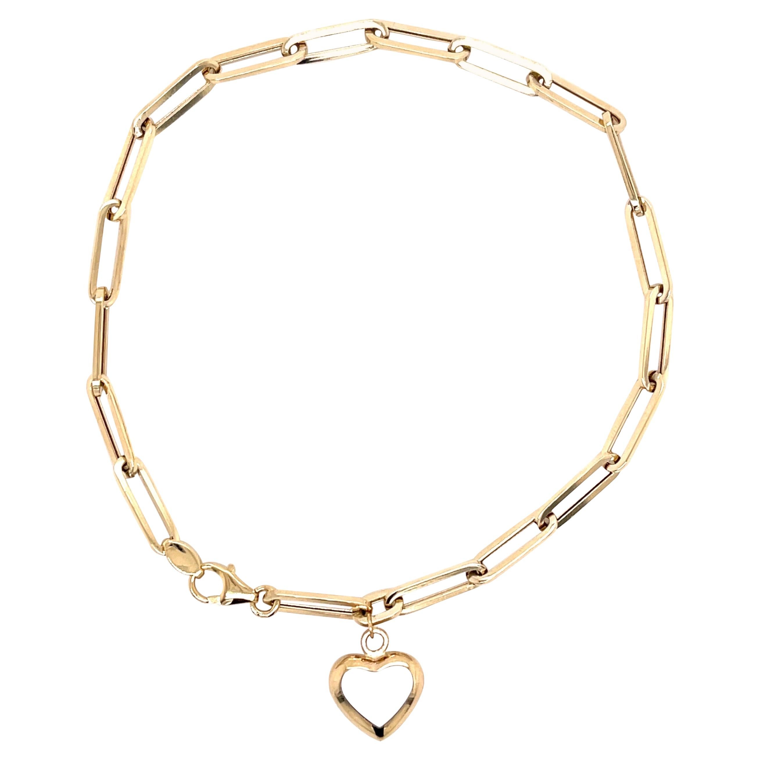 Paperclip Bracelet with White Mother of Pearl Mini Heart Gold Charm For  Sale at 1stDibs