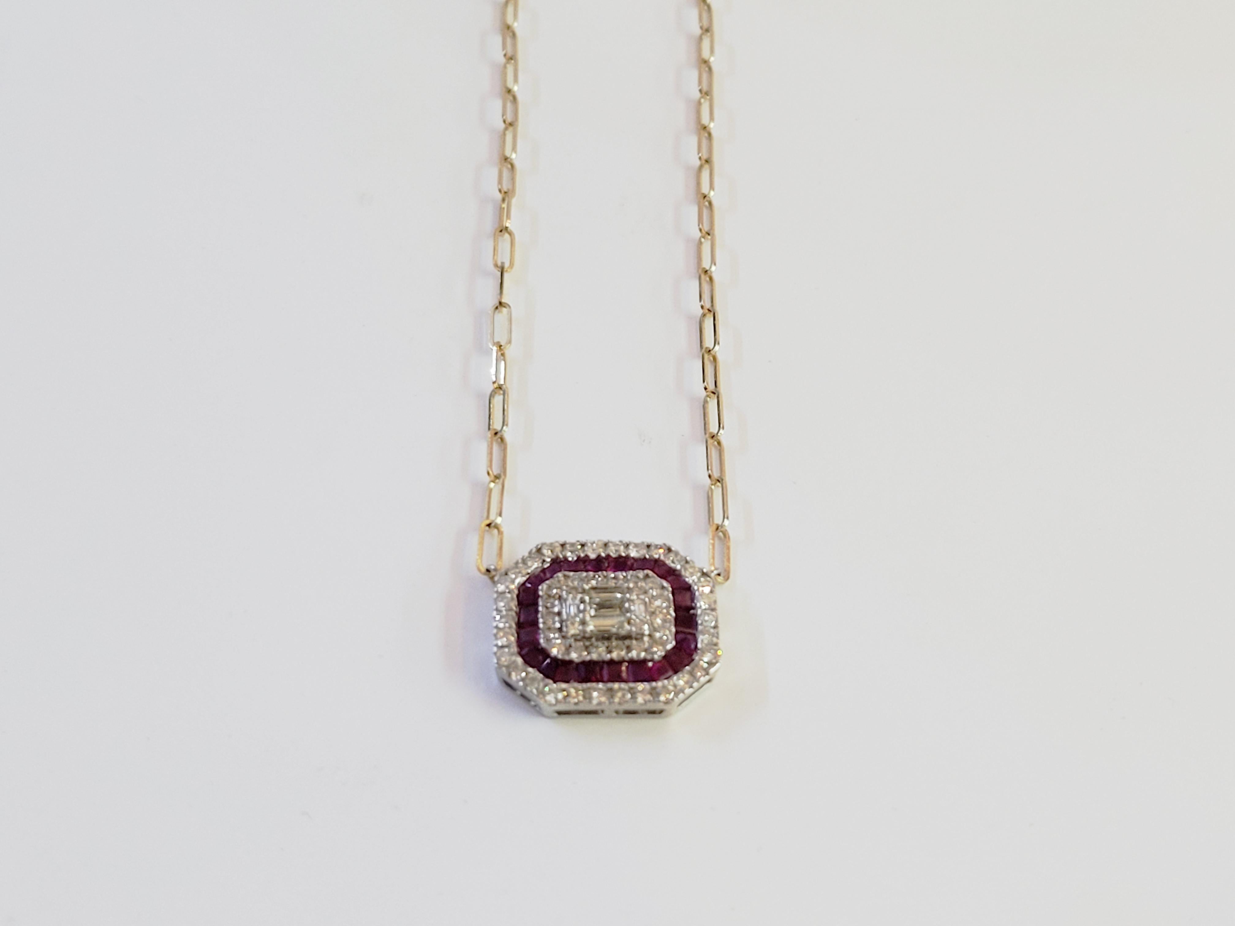 Paperclip chain Diamond and Ruby Necklace 
Mint condition
14K Yellow and White gold
Diamond and Ruby
Chain 16