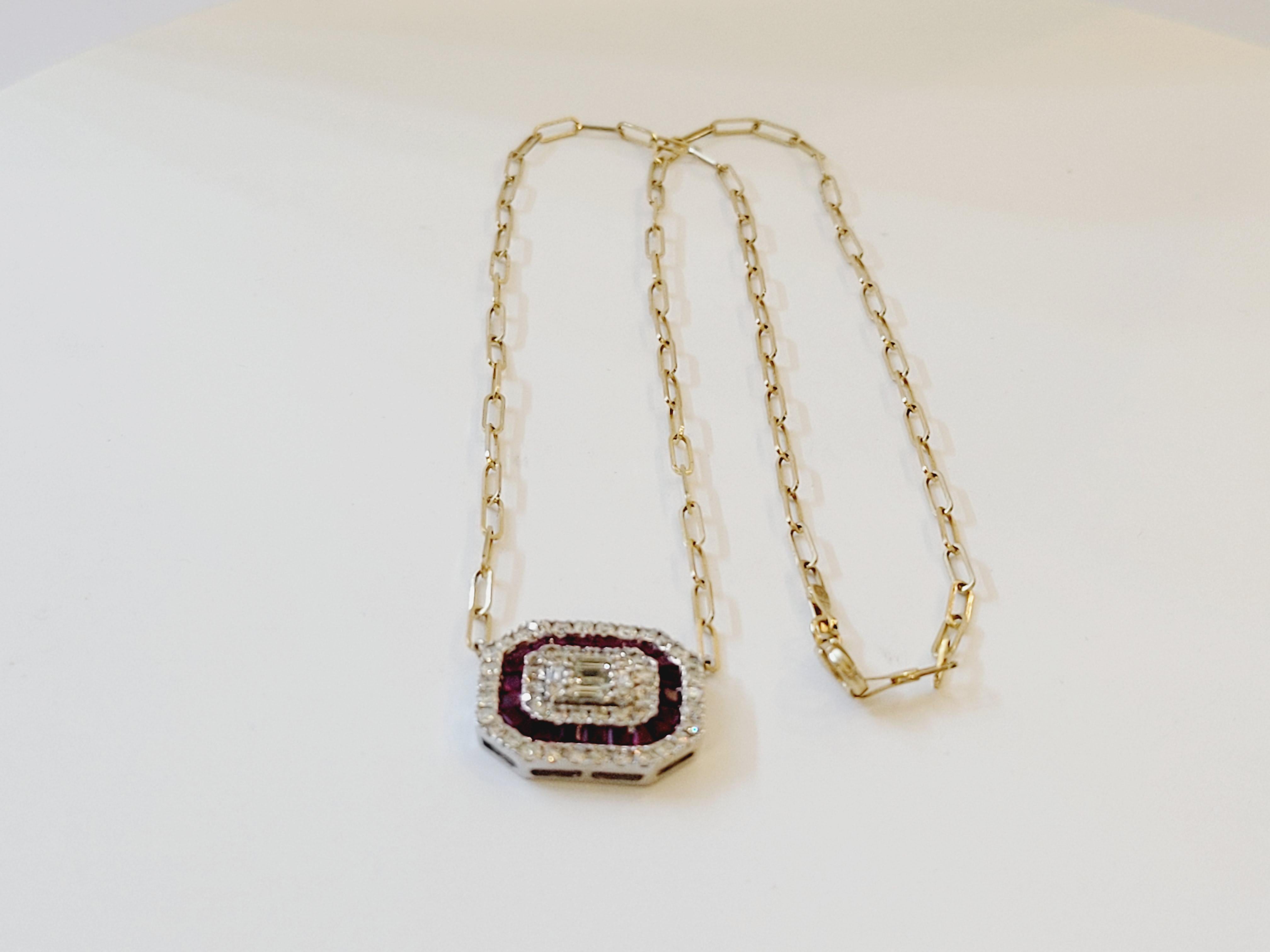 Round Cut Paperclip Chain Diamond and Ruby Necklace For Sale