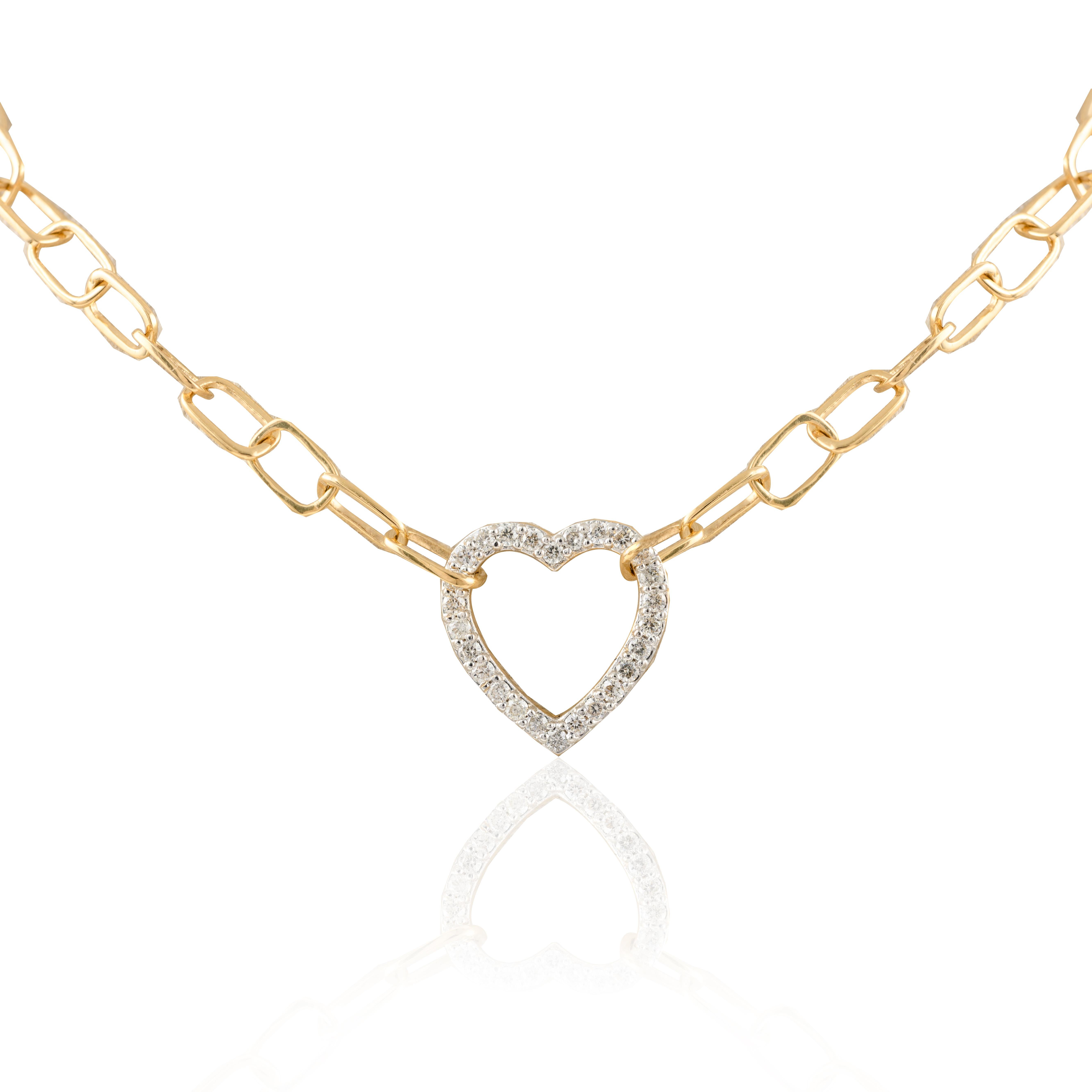 Moderne Chaîne collier cœur en or jaune massif 18 carats avec diamants, cadeau de mariée en vente
