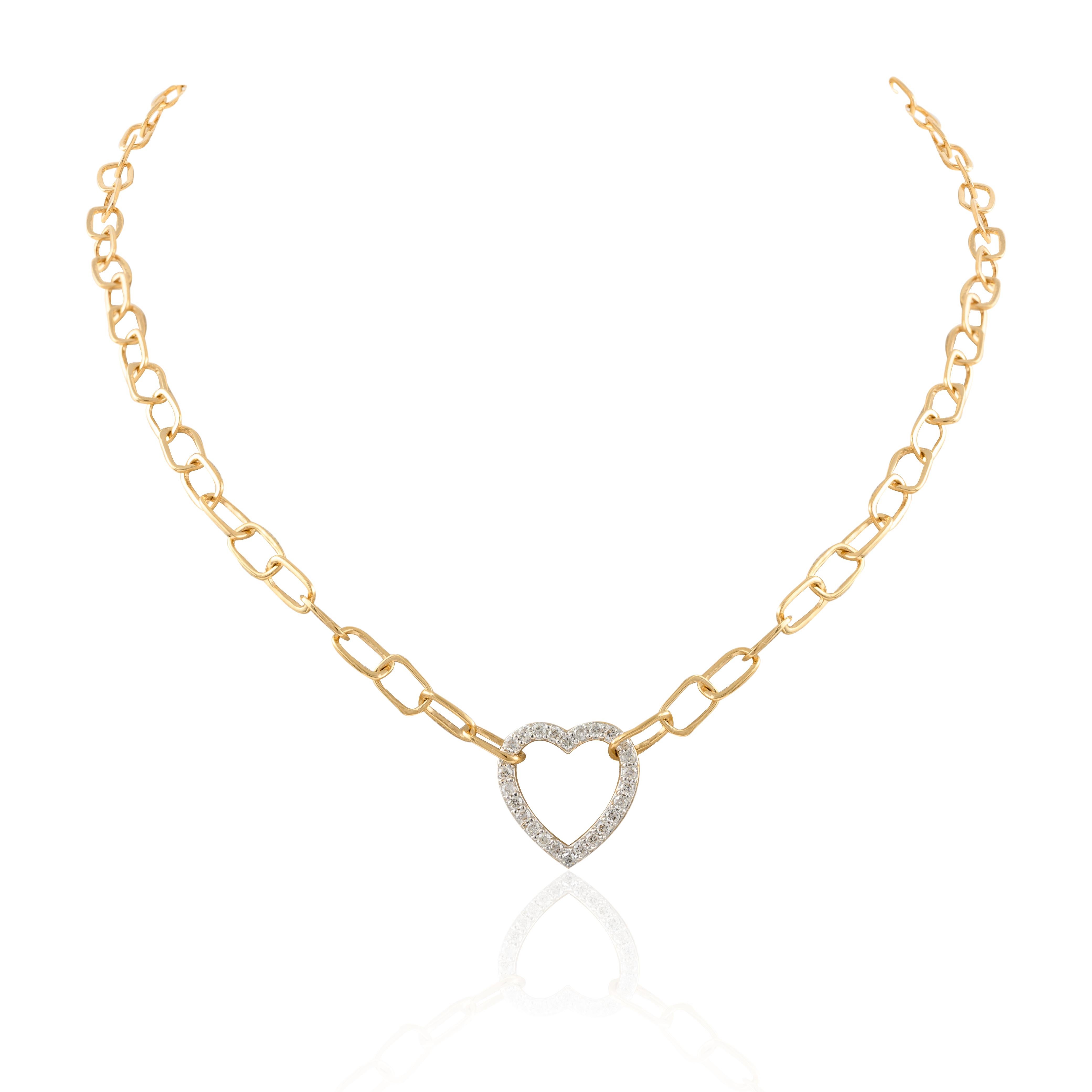 Brilliant Cut Paperclip Chain Diamond Heart Necklace 18k Solid Yellow Gold, Bridesmaid Gift For Sale