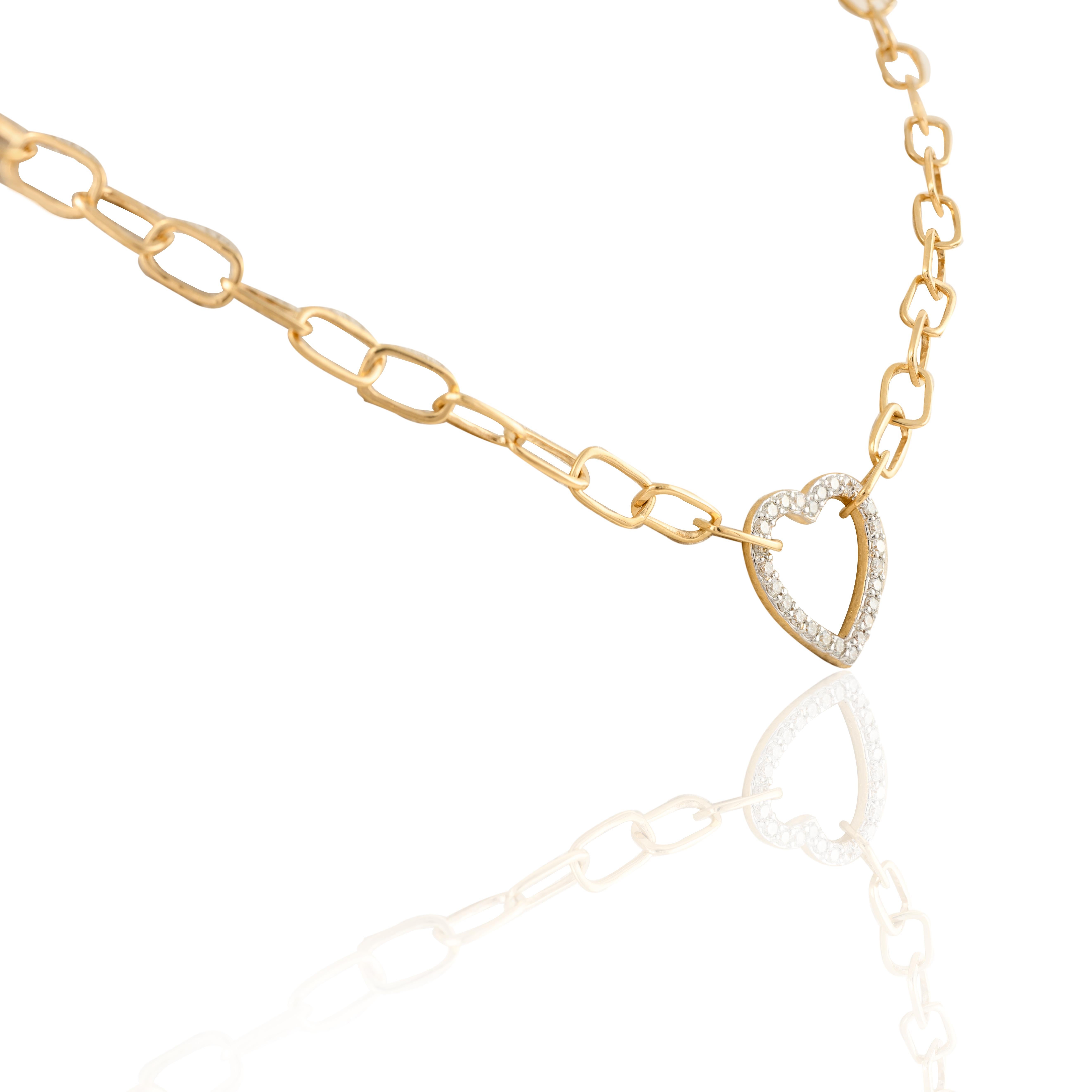 Women's Paperclip Chain Diamond Heart Necklace 18k Solid Yellow Gold, Bridesmaid Gift For Sale