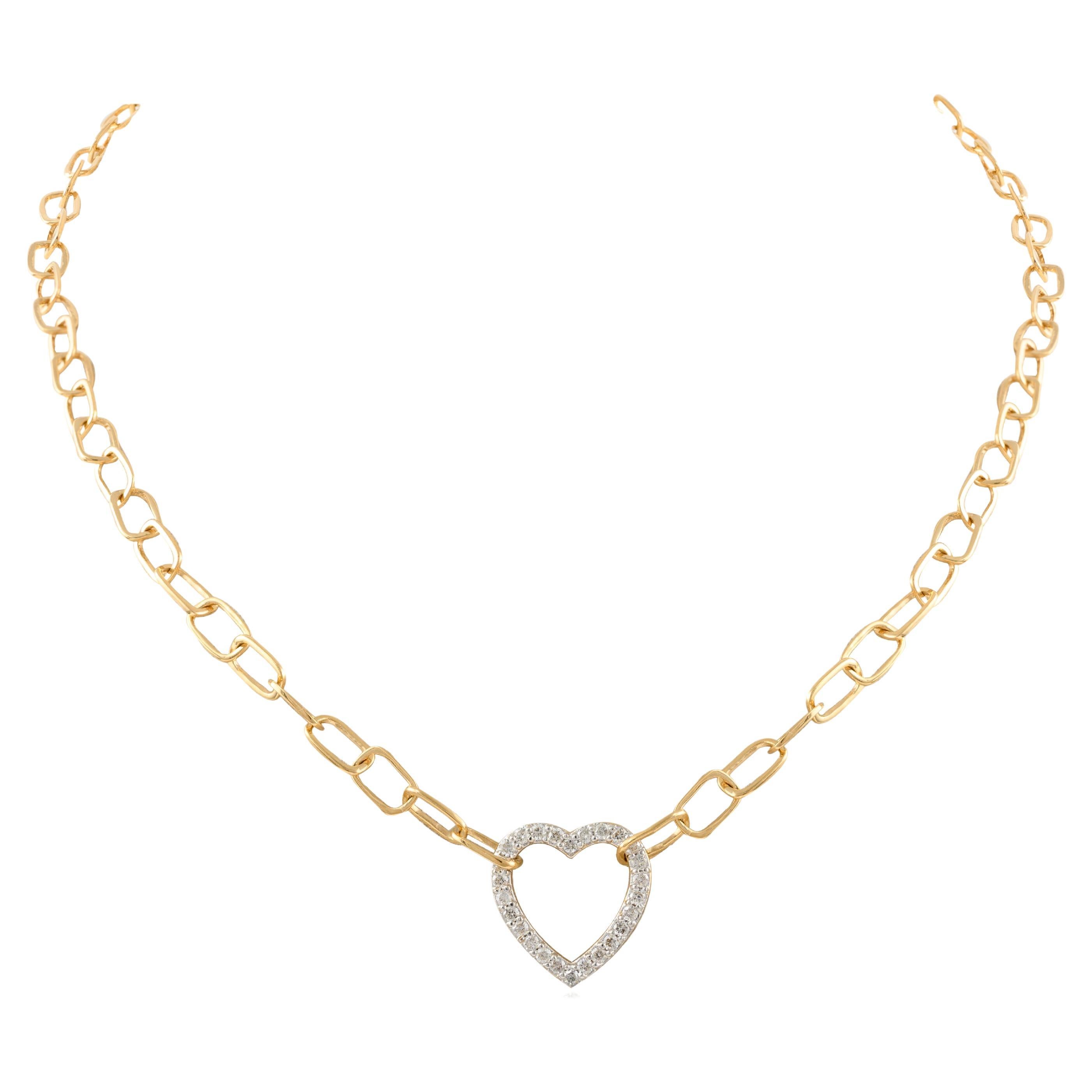 Paperclip Chain Diamond Heart Necklace 18k Solid Yellow Gold, Bridesmaid Gift