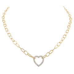 Paperclip Chain Diamond Heart Necklace 18k Solid Yellow Gold, Bridesmaid Gift