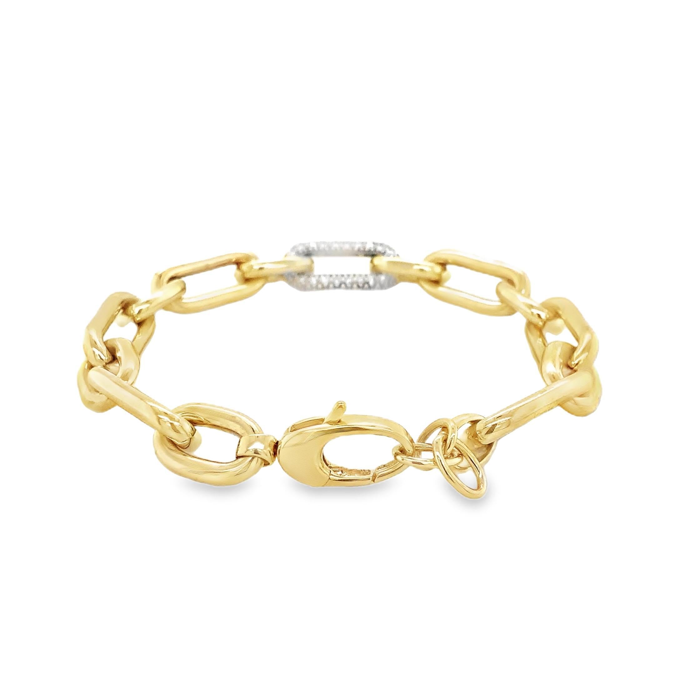 Bracelet en or jaune 14 kt à maillons en forme de trombone avec diamants pavés Unisexe en vente