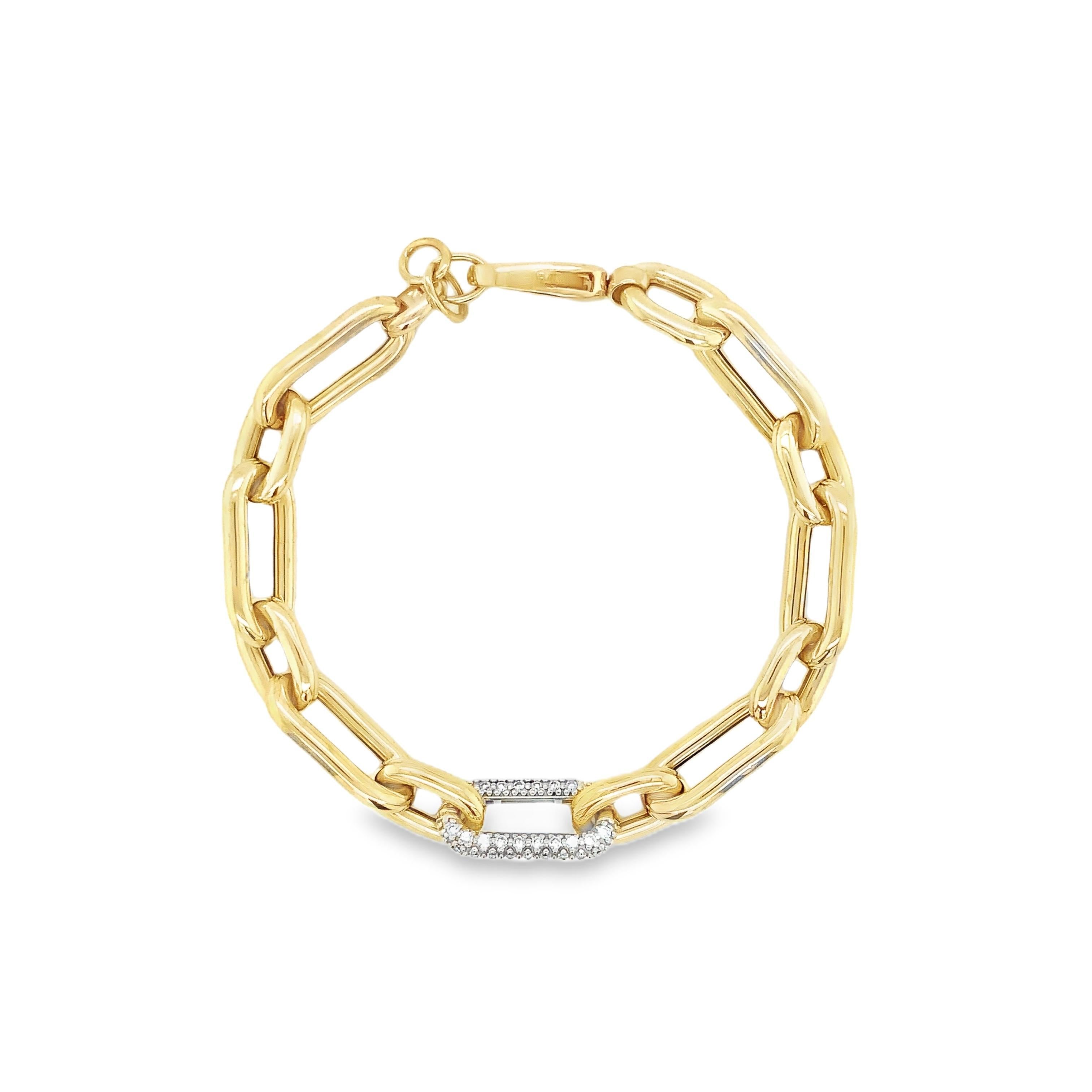Bracelet en or jaune 14 kt à maillons en forme de trombone avec diamants pavés en vente 1