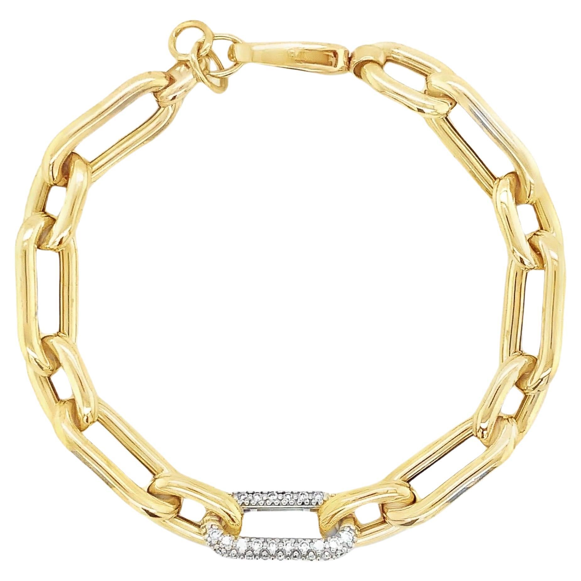 Bracelet en or jaune 14 kt à maillons en forme de trombone avec diamants pavés