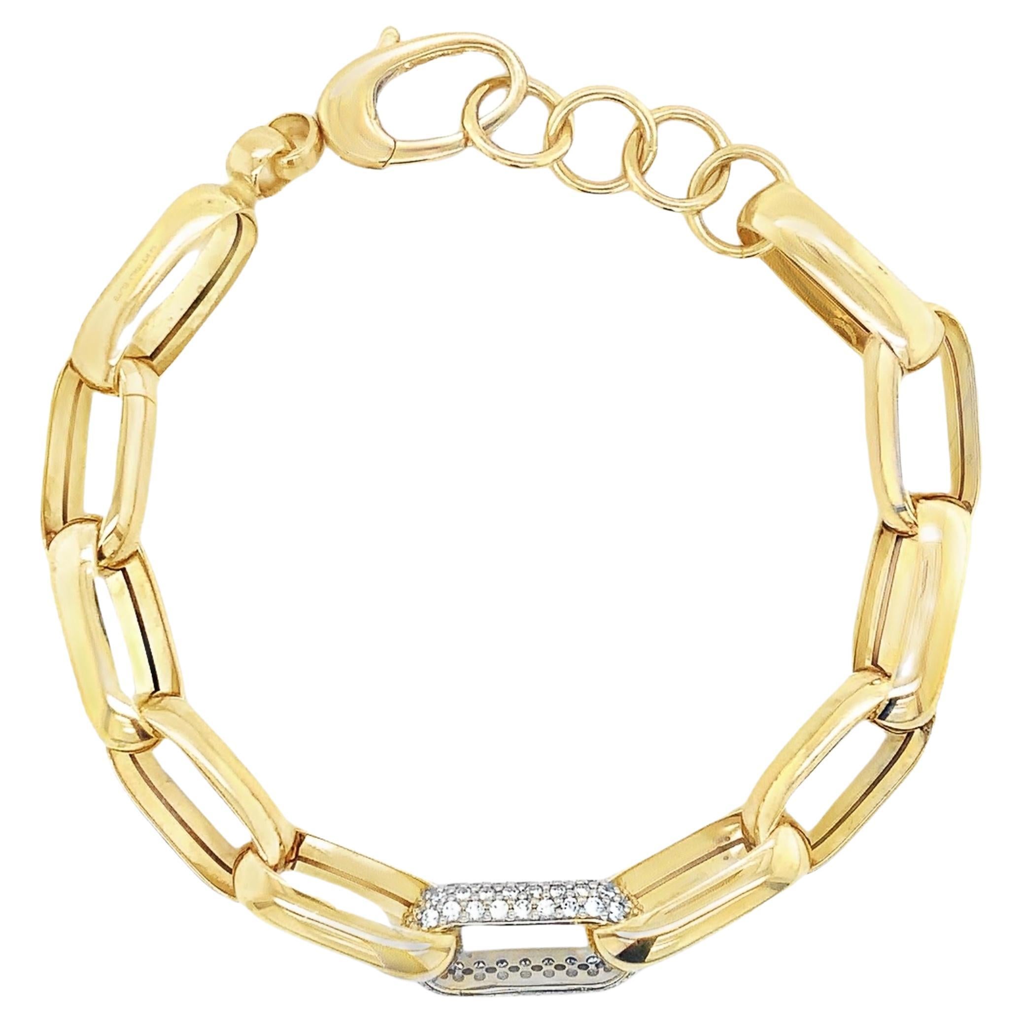 Bracelet en or jaune 14 kt à maillons en forme de trombone avec diamants pavés