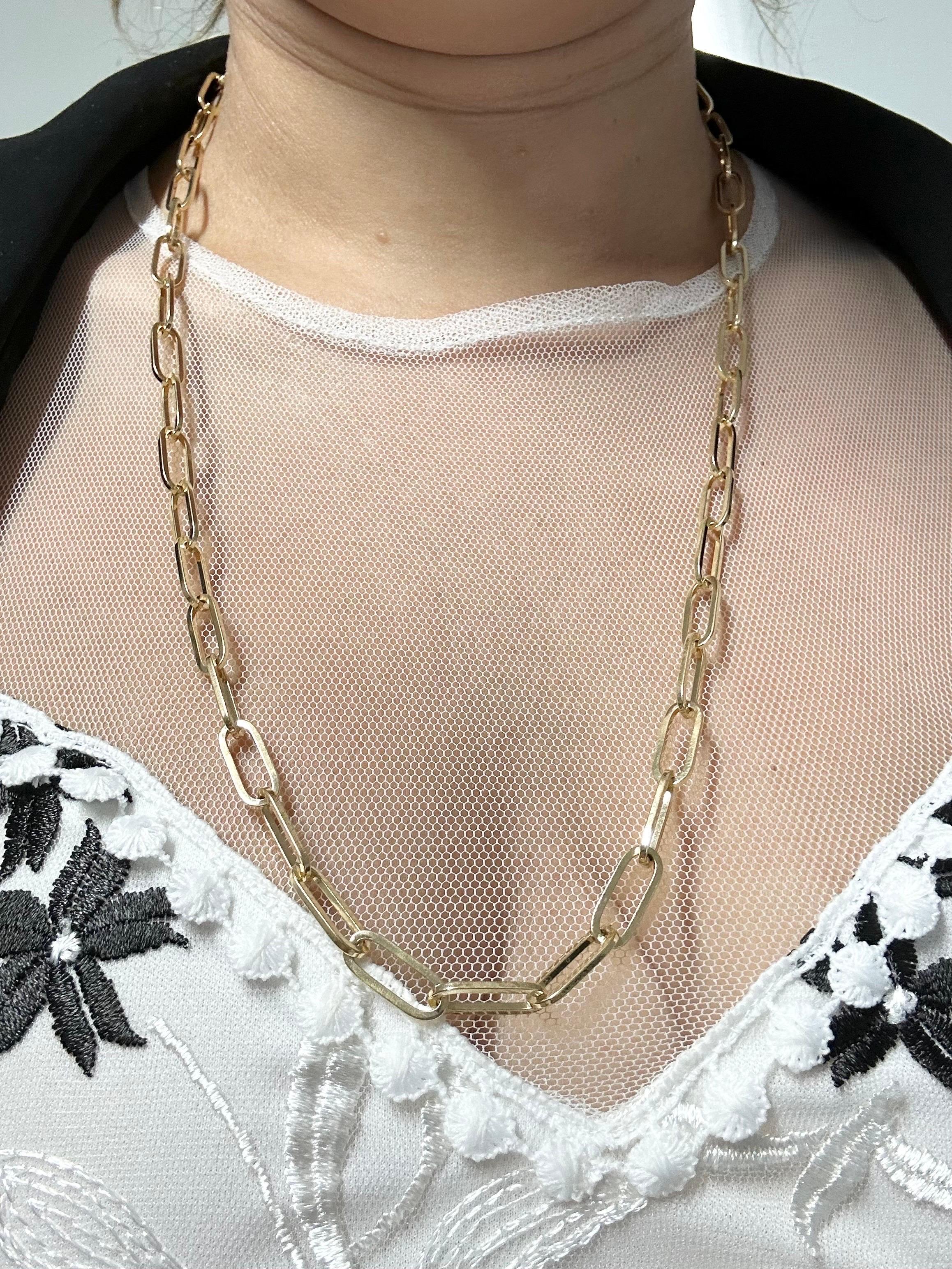 Paperclip Chain Necklace 14 Karat Yellow Gold Large Solid Gold Necklace For Sale 5