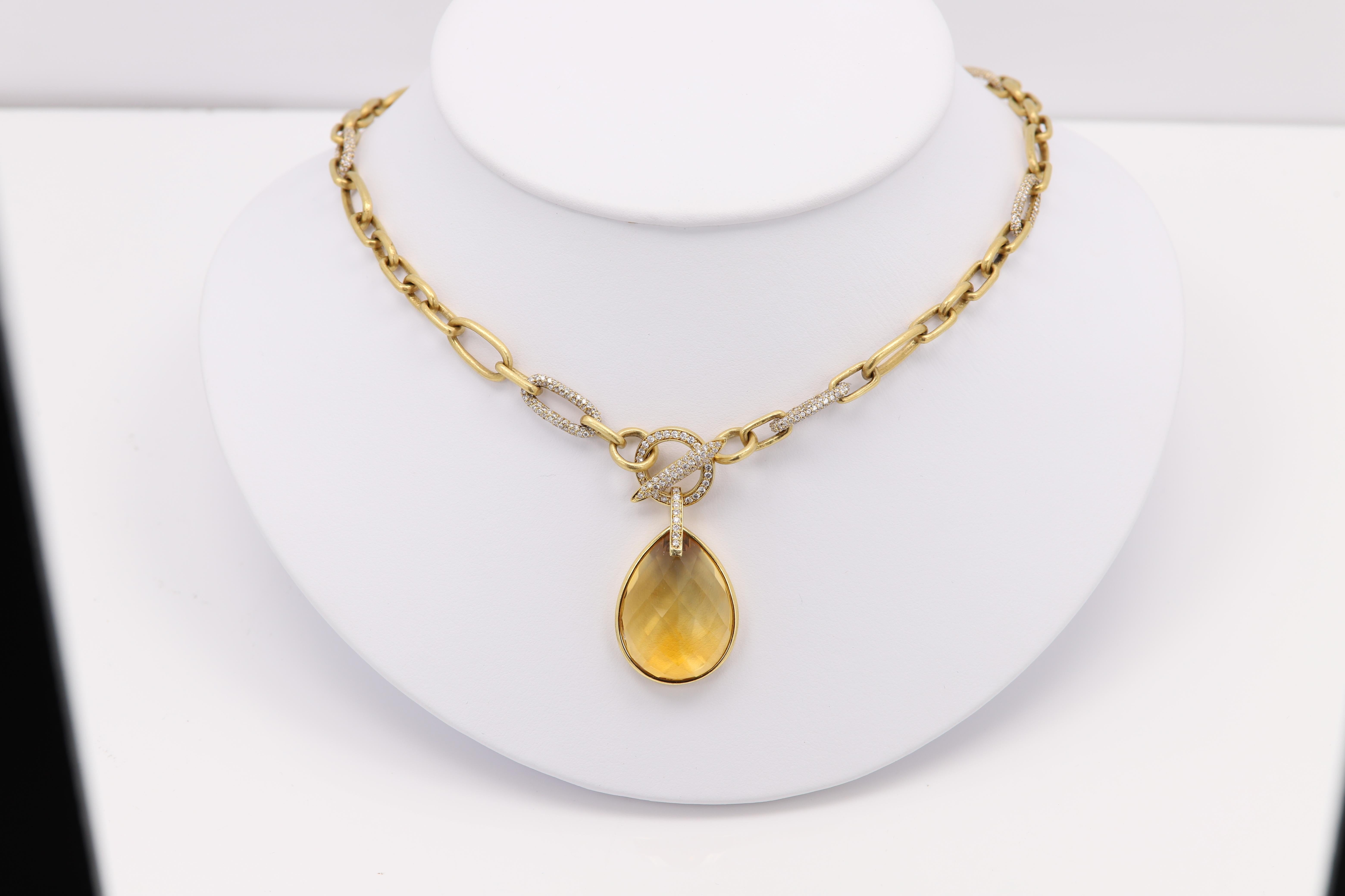 Paperclip Chain Necklace with Large Citrine Gemstone with Diamonds 18 Karat In New Condition For Sale In Brooklyn, NY
