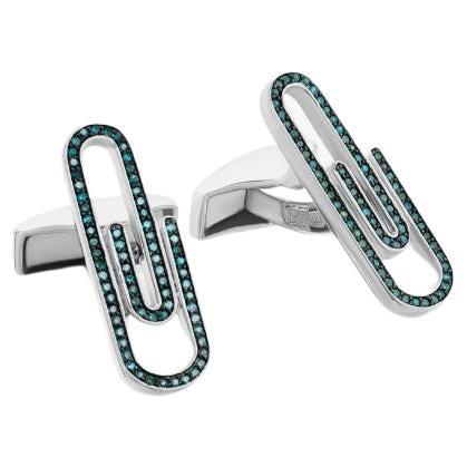 Paperclip Cufflinks with Blue Diamond in Sterling Silver For Sale