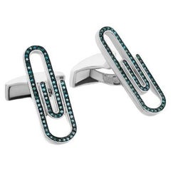 Used Paperclip Cufflinks with Blue Diamond in Sterling Silver