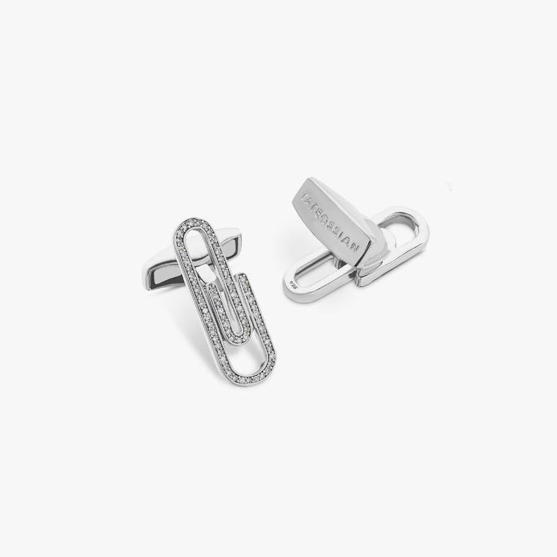 Paperclip Cufflinks with White Diamond in Sterling Silver In New Condition For Sale In Fulham business exchange, London
