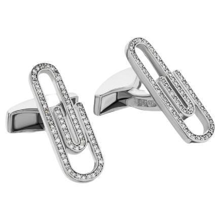 Paperclip Cufflinks with White Diamond in Sterling Silver For Sale