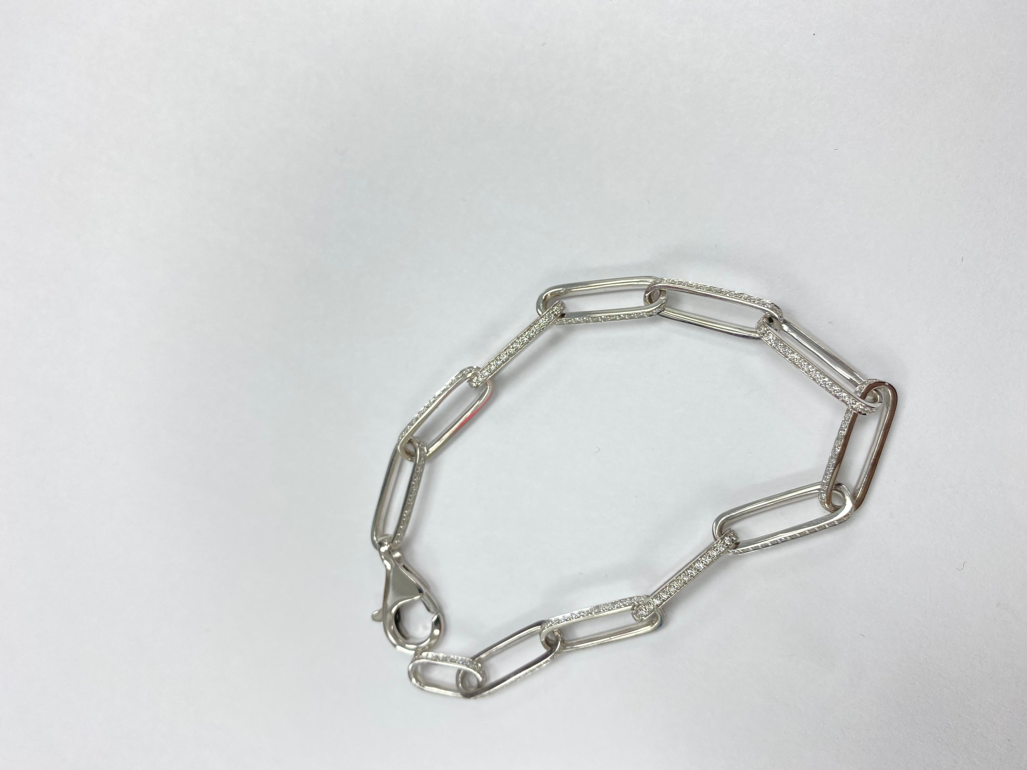 Modern Paperclip Diamond Bracelet 14K White Gold For Sale
