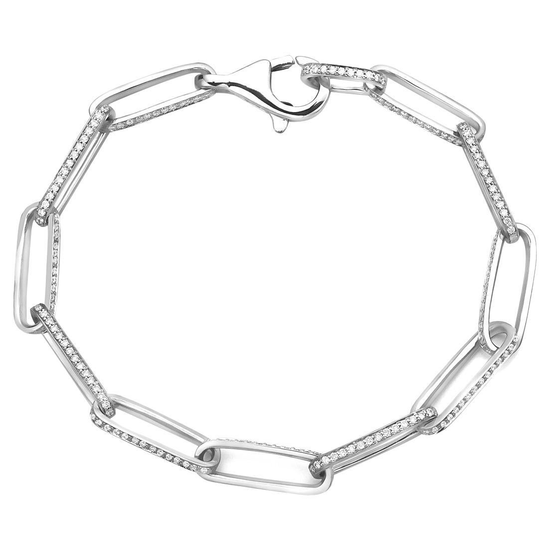 Paperclip Diamond Bracelet 14K White Gold For Sale