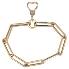 Paperclip Diamond Heart Link Bracelet 0.48 Carat 14 Karat Yellow Gold