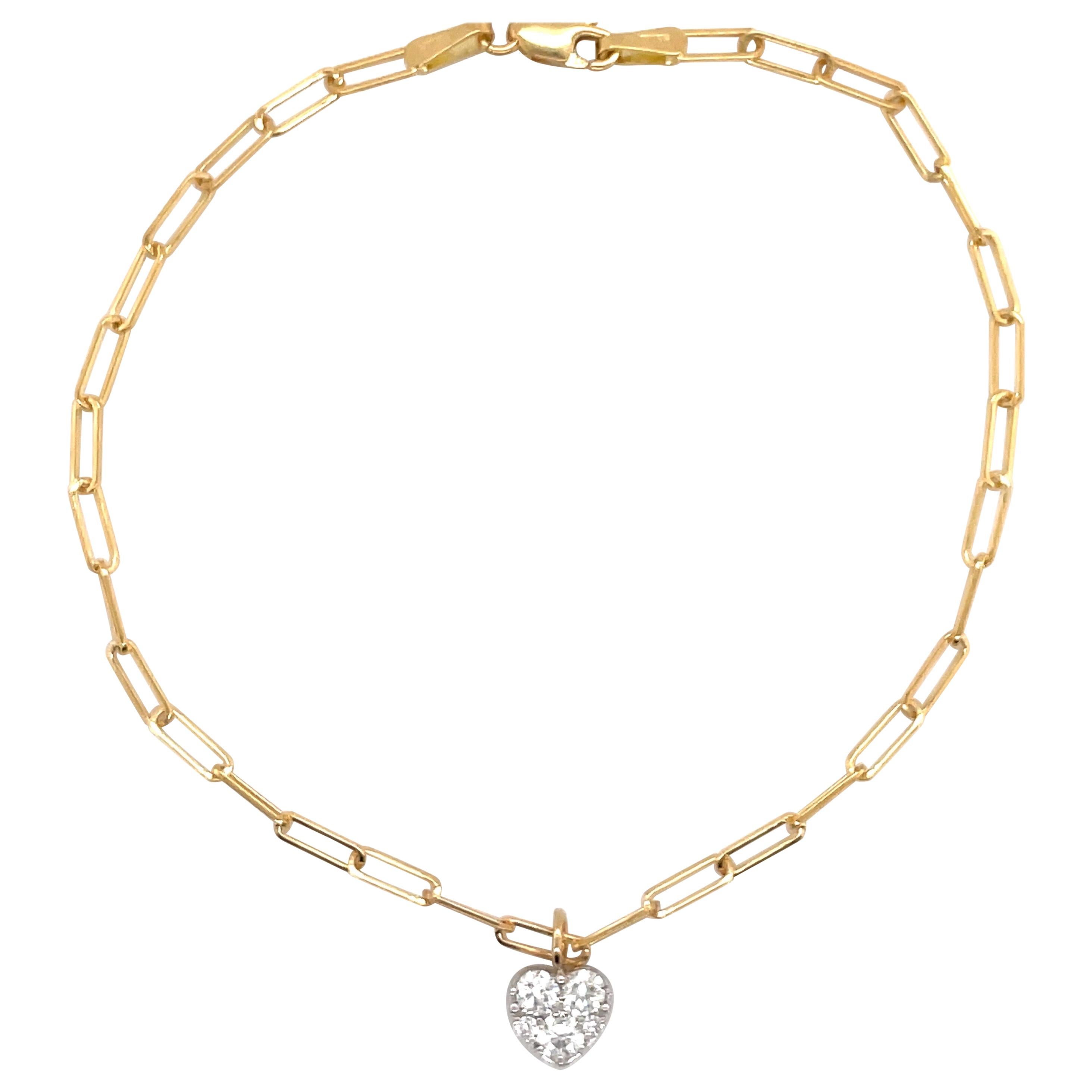 Paperclip Diamond Heart Link Bracelet 0.48 Carat 14 Karat Yellow Gold