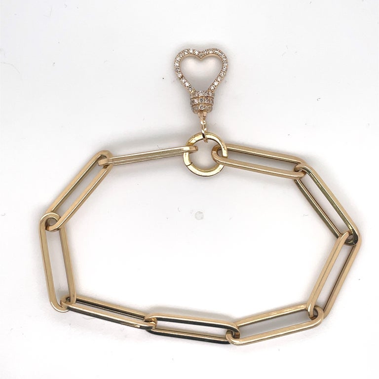 Paperclip Diamond Heart Link Bracelet 0.48 Carat 14 Karat Yellow Gold