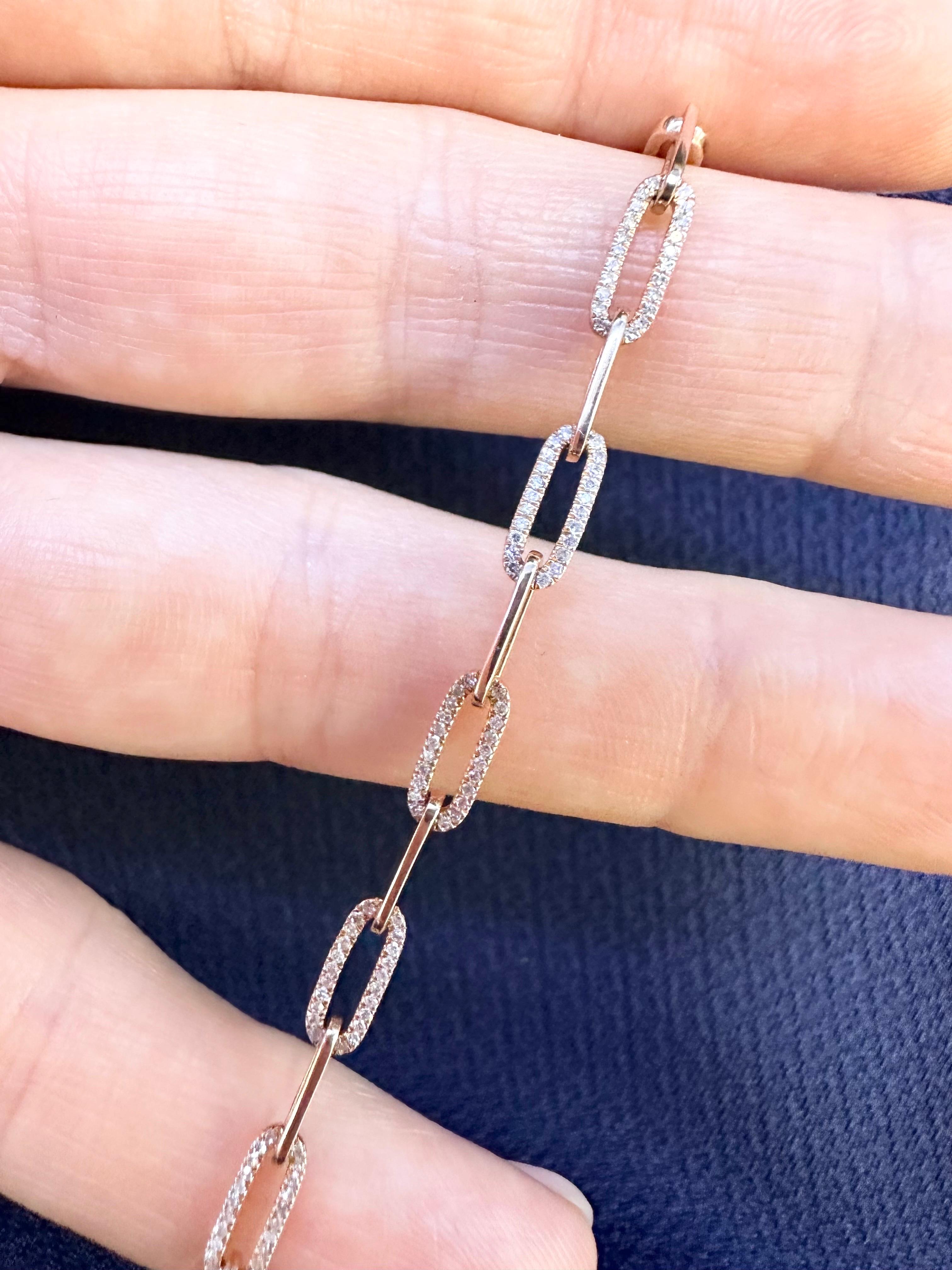 Paperclip Diamond Link bracelet in 14KT gold For Sale 1