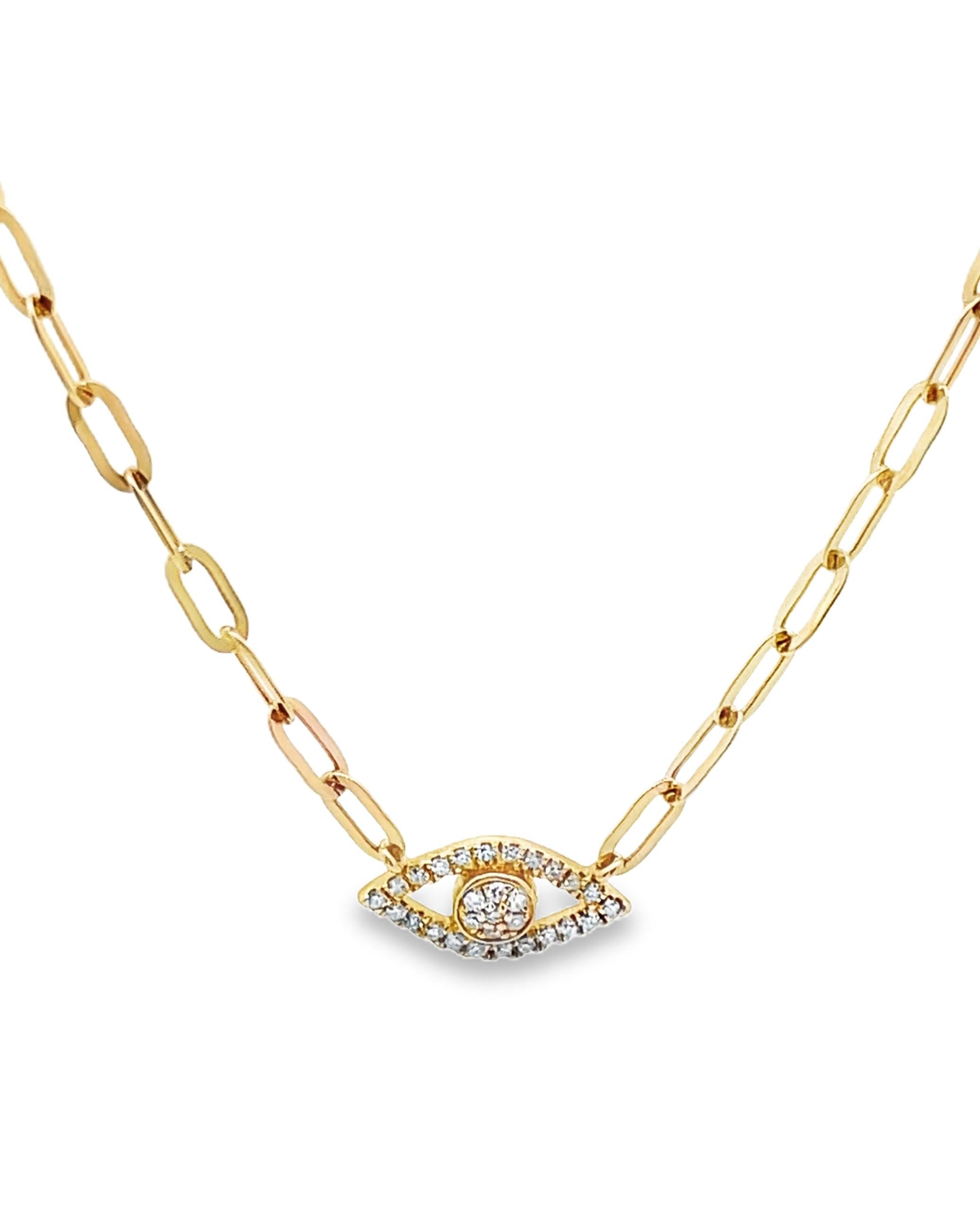 Collar de ojo malvado con clip de oro amarillo de 14 quilates con 29 diamantes redondos que suman 0,09 quilates.

Longitud: puede llevarse hasta 16 pulgadas y acortarse enganchando el cierre de langosta a lo largo de la cadena