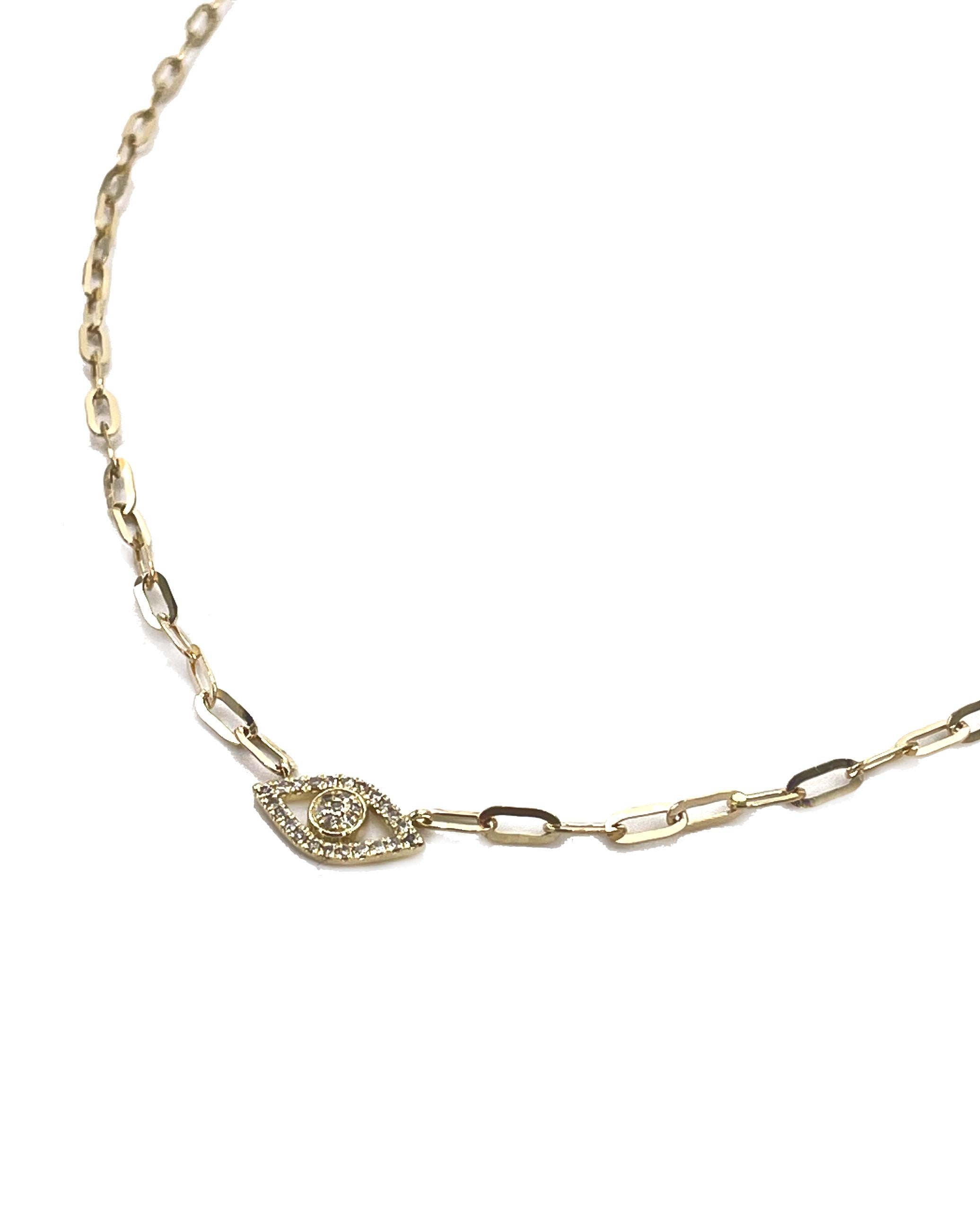 De las mujeres Collar Ojo de Mal de Paperclip Longitud Ajustable Oro Amarillo 14K con Cierre de Langosta en venta