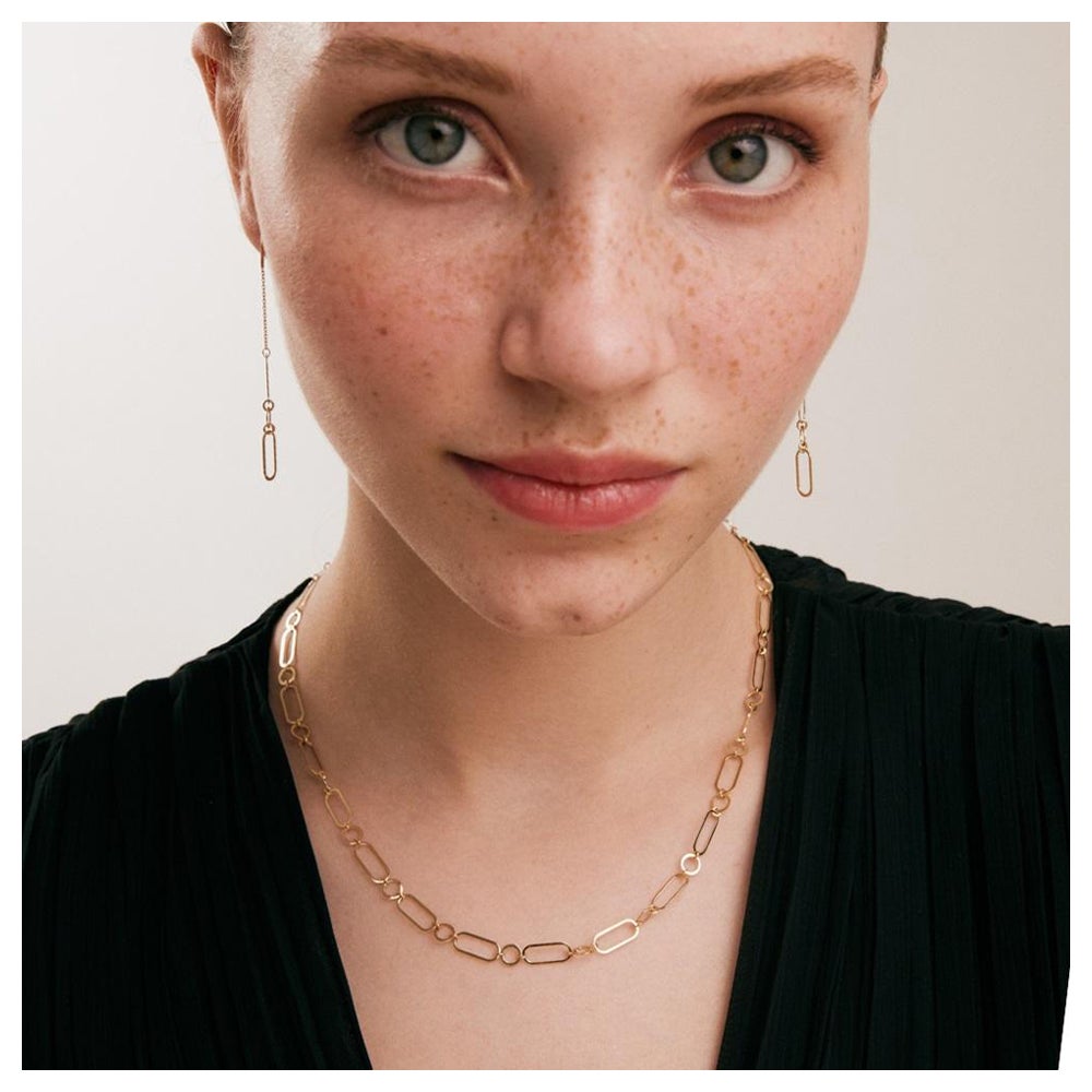 Paperclip Layering Necklace 14" in 14K Solid Yellow Gold For Sale