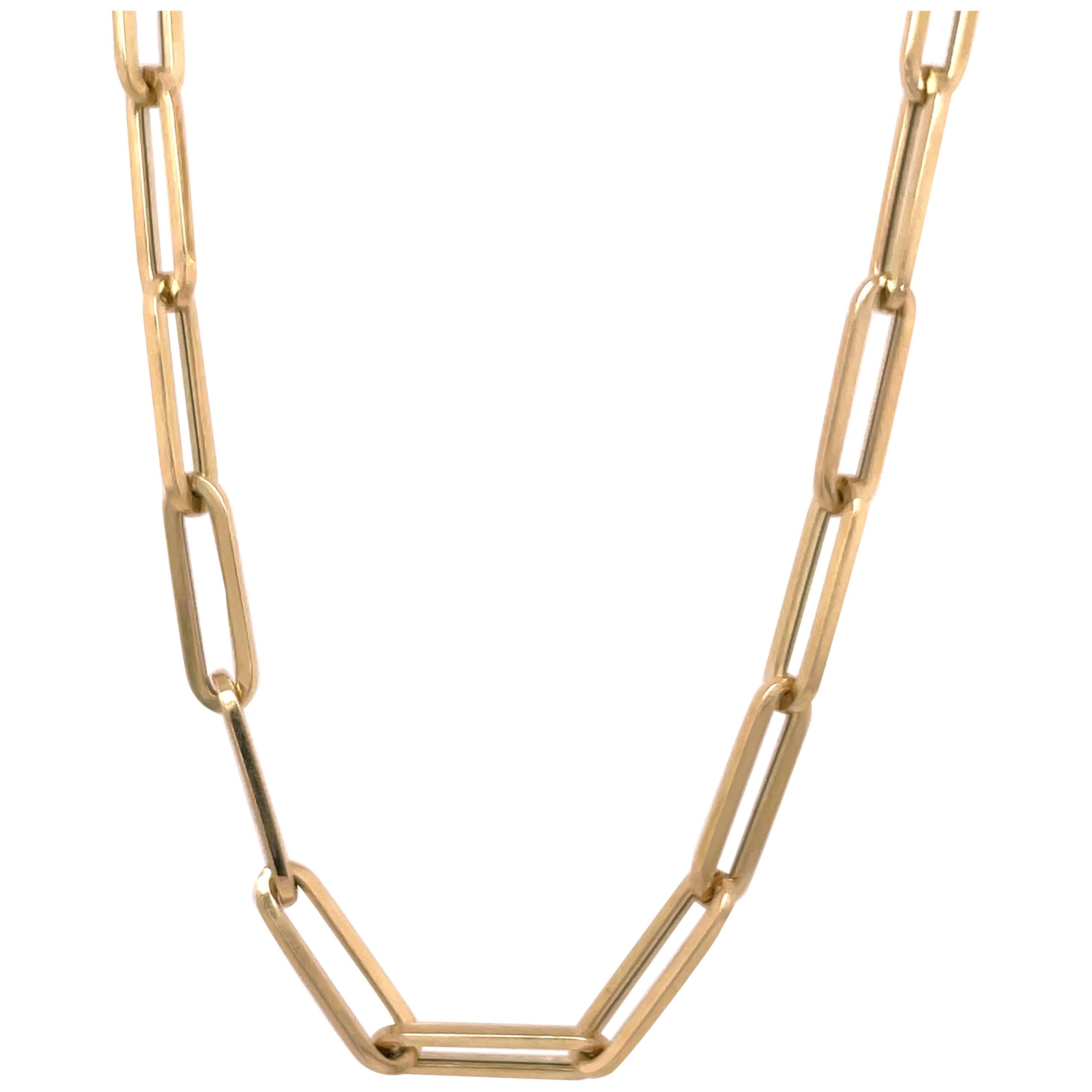 Paperclip Link Chain Necklace 14 Karat Yellow Gold For Sale