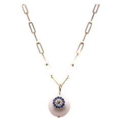 Paperclip Link Chain with Evil Eye Pearl Charm Pendant