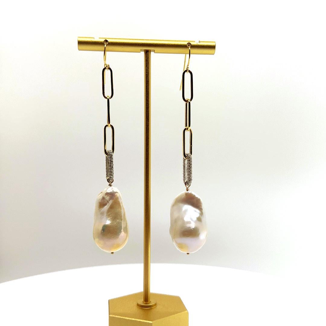 Round Cut Paperclip Link Diamond Earrings w. Baroque Pearl For Sale