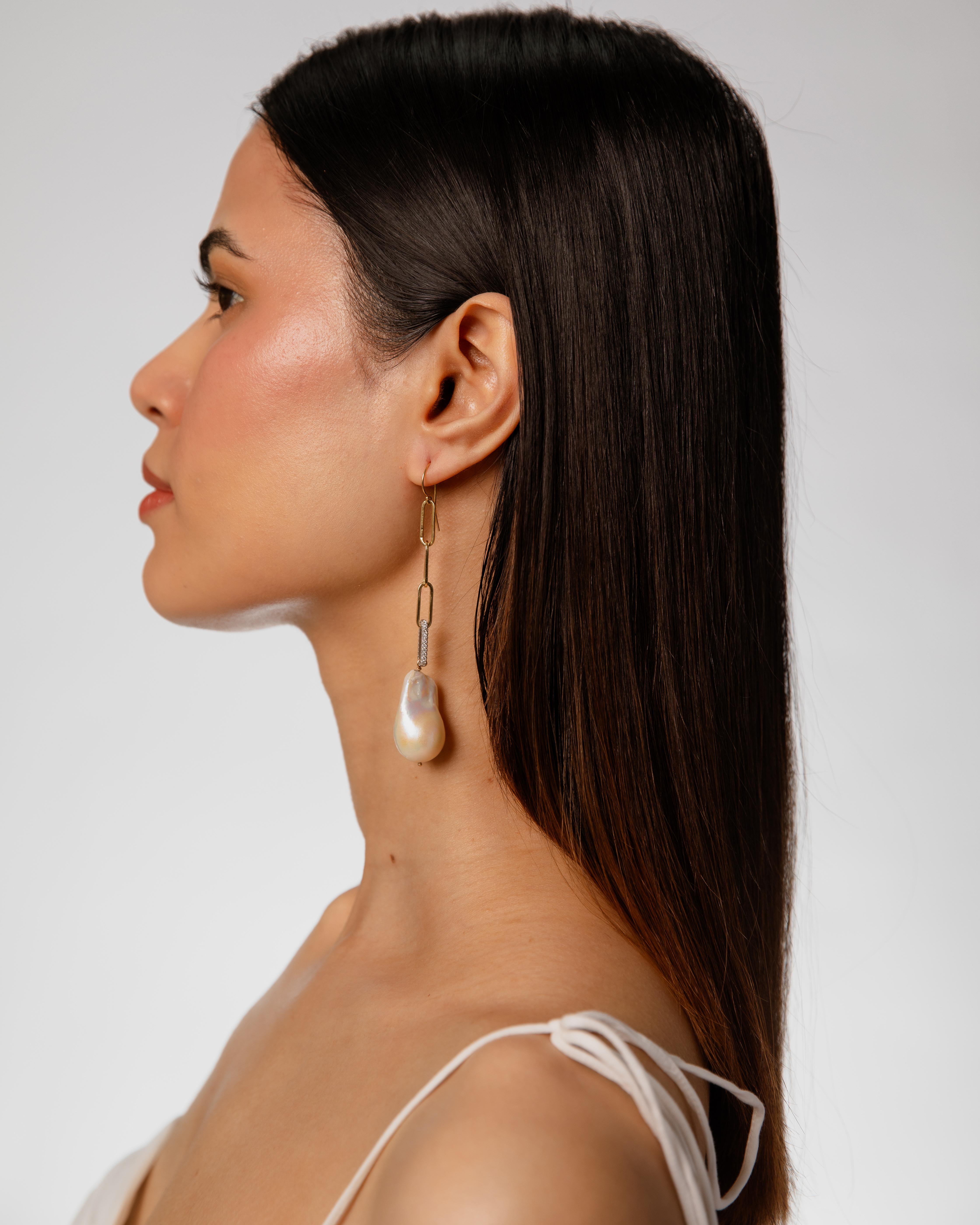 Paperclip Link Diamond Earrings w. Baroque Pearl For Sale 1