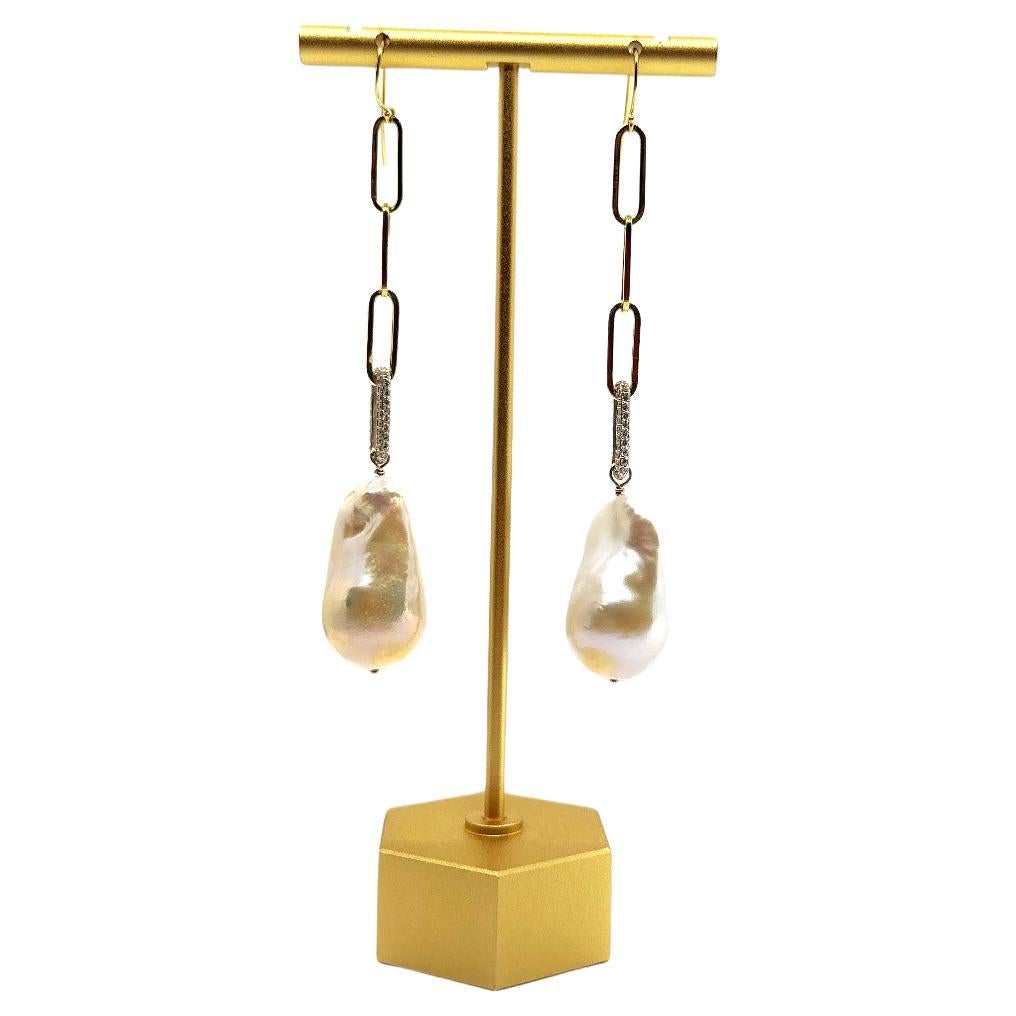 Paperclip Link Diamond Earrings w. Baroque Pearl For Sale